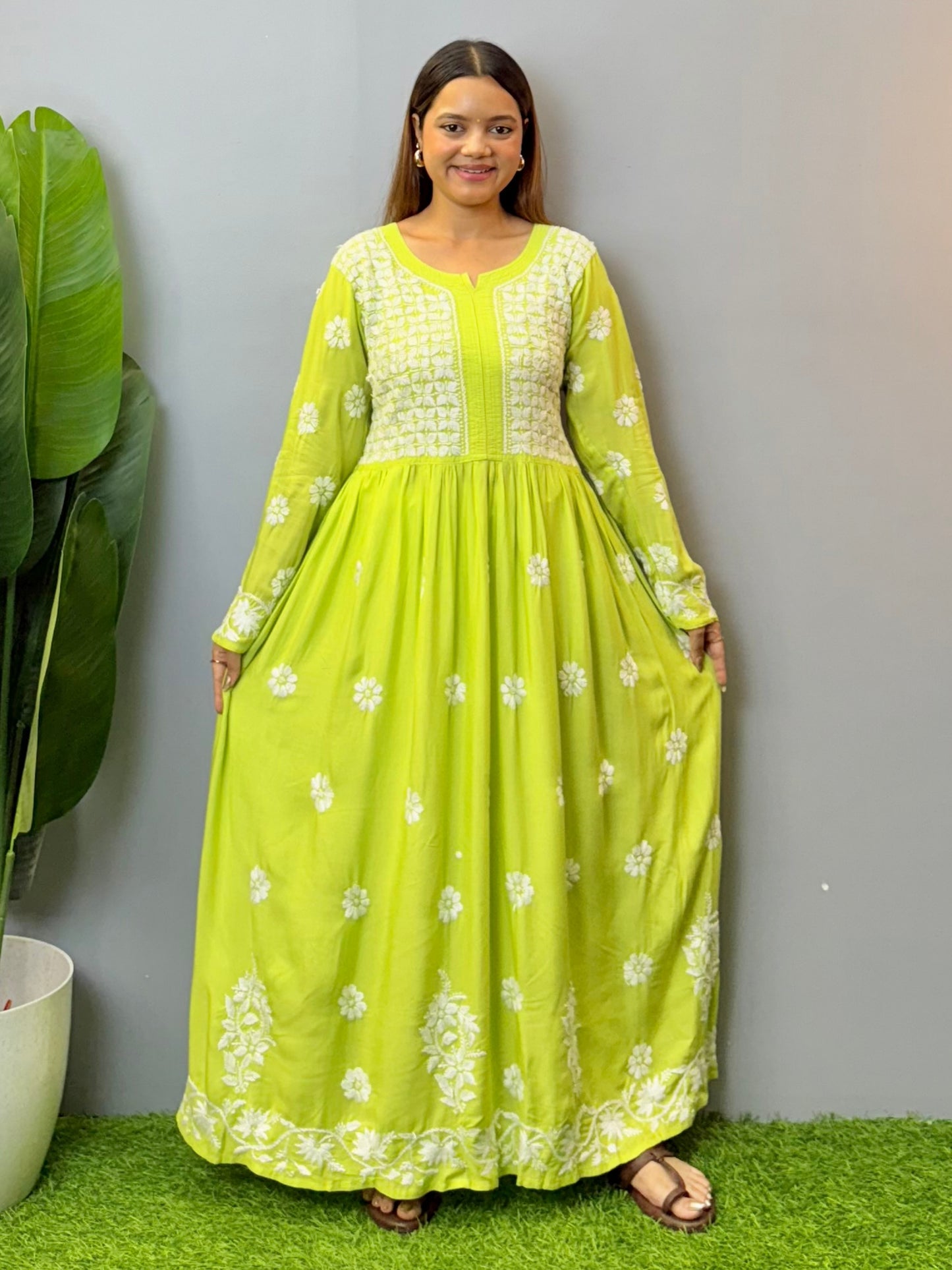 Lime Green Lucknow Chikankari Modal Long Frock with Hand Embroidery – Soft & Flairy