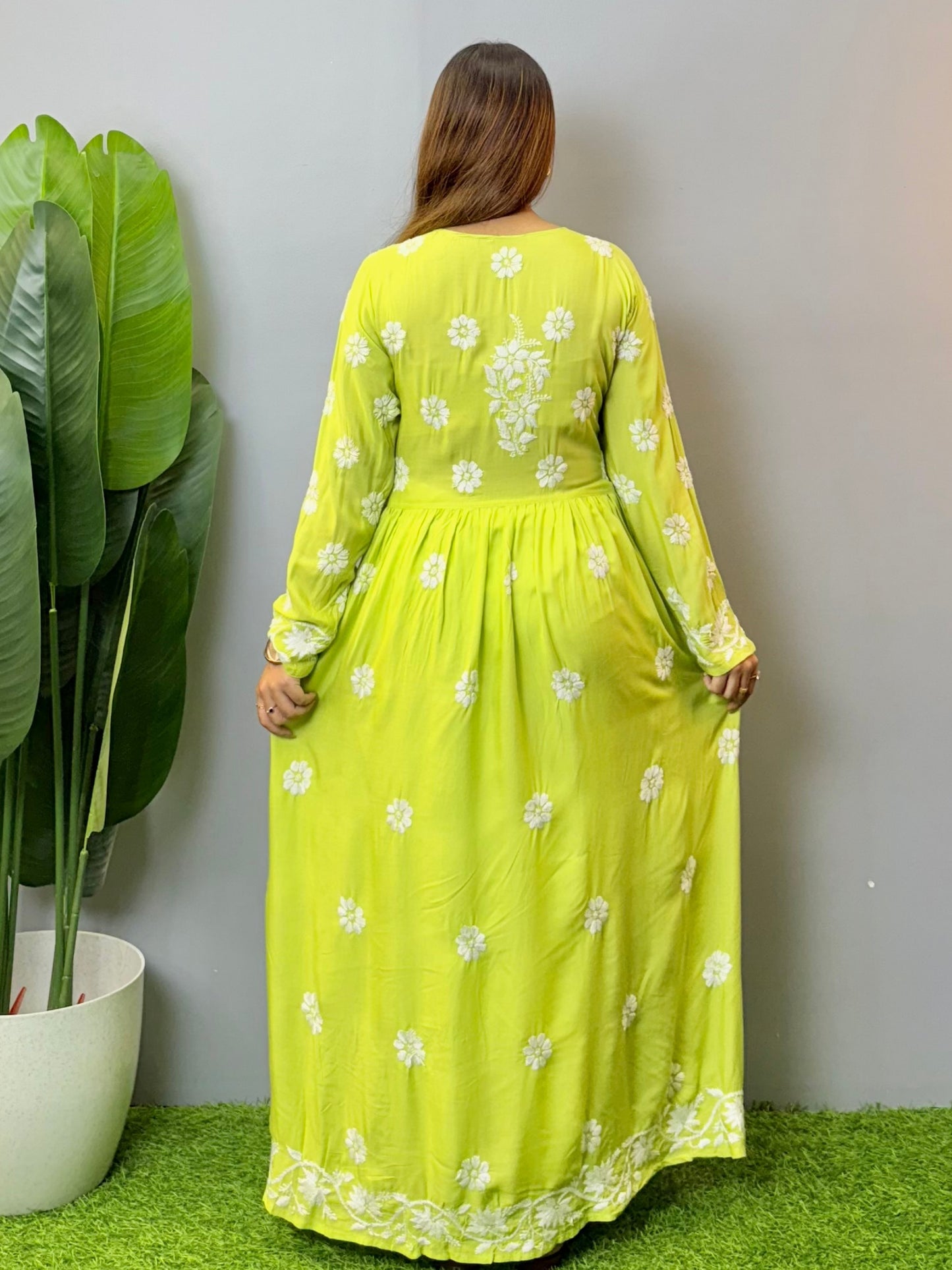 Lime Green Lucknow Chikankari Modal Long Frock with Hand Embroidery – Soft & Flairy