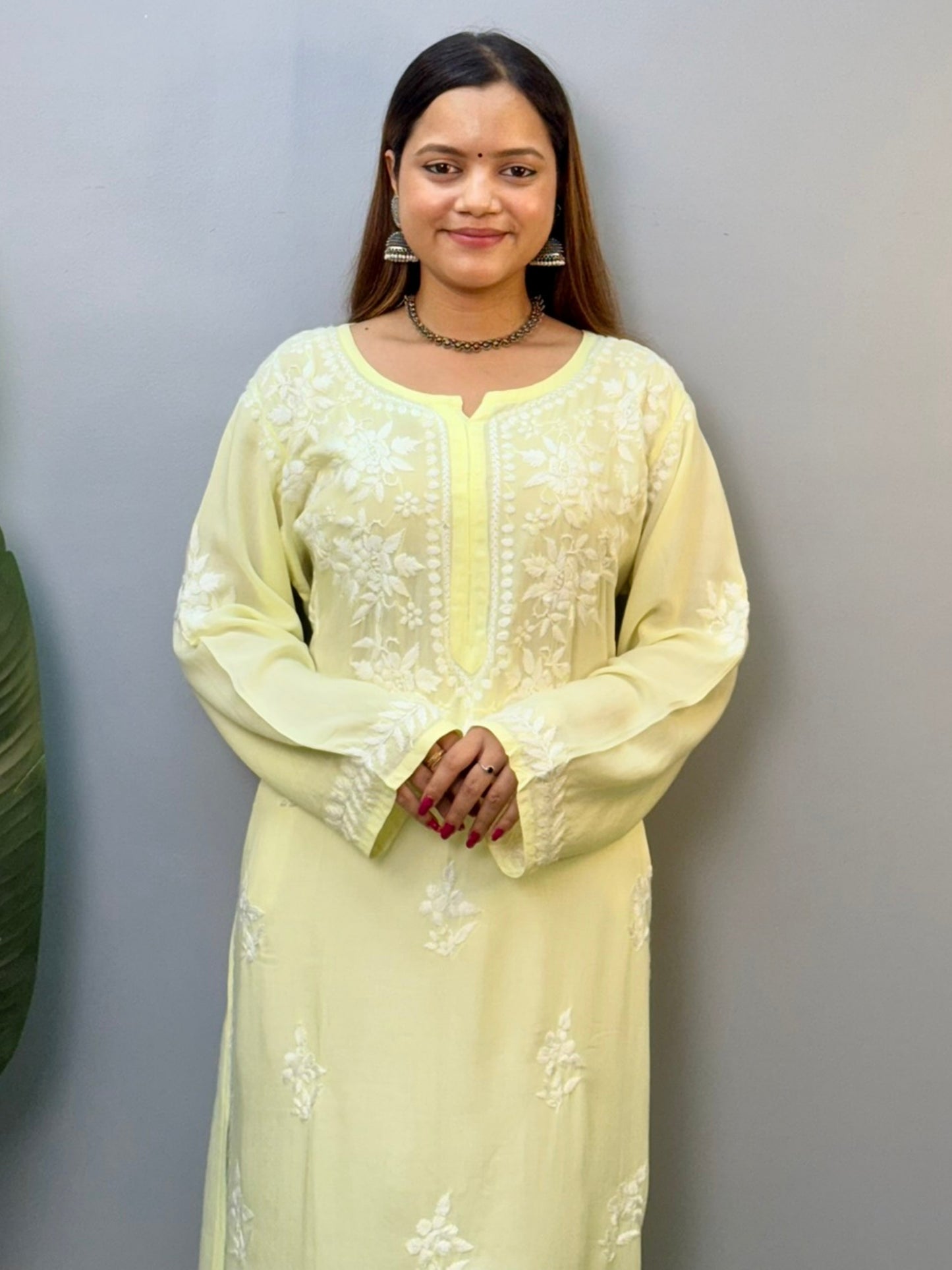 Lemon yellow modal chikankari kurta with white hand embroidery