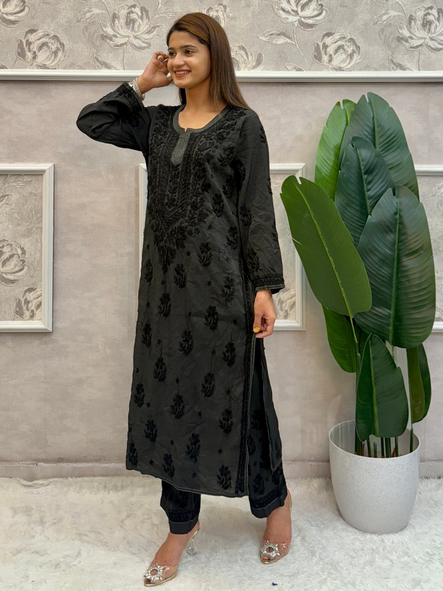 Black Lucknow chikankari chanderi kurta and pant set with hand embroidery