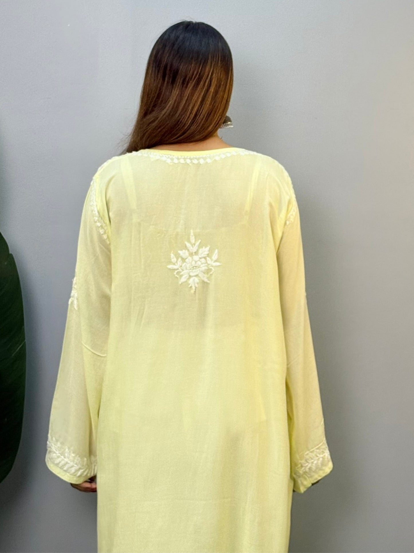 Lemon yellow modal chikankari kurta with white hand embroidery