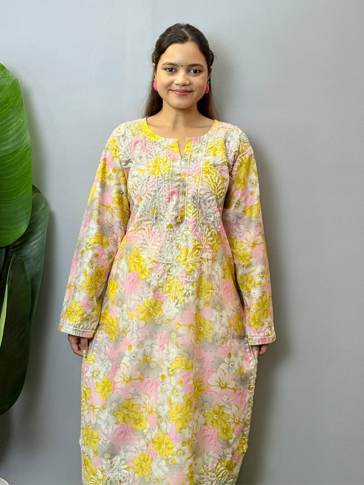 Pastel floral printed crepe Chikankari kurta with hand embroidery – lightweight casual wear
