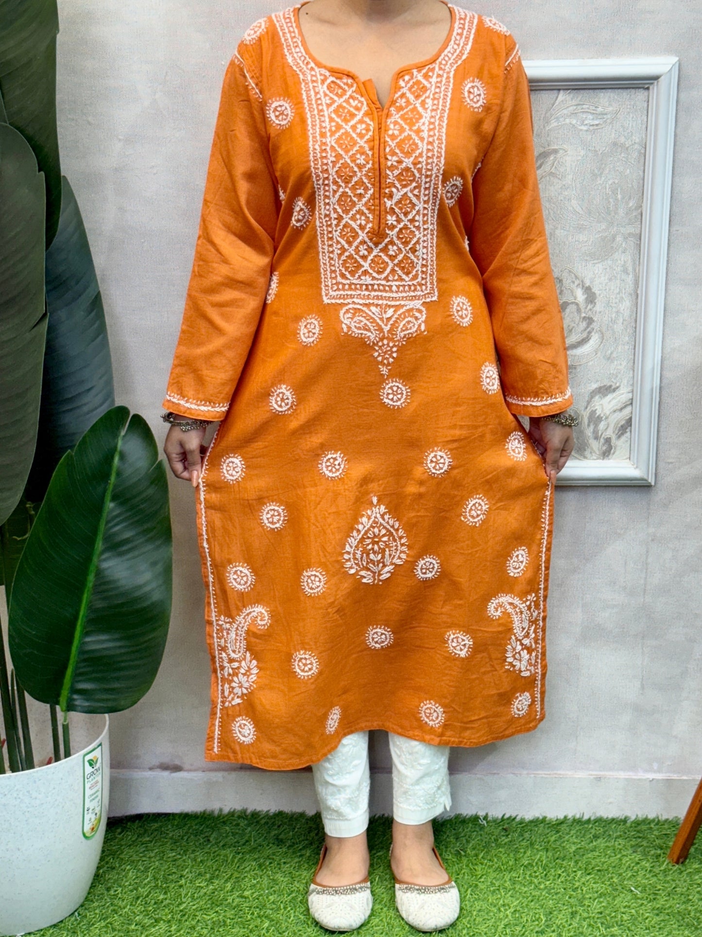 Rust Orange Cotton Lucknow Chikankari Kurta with white hand embroidery