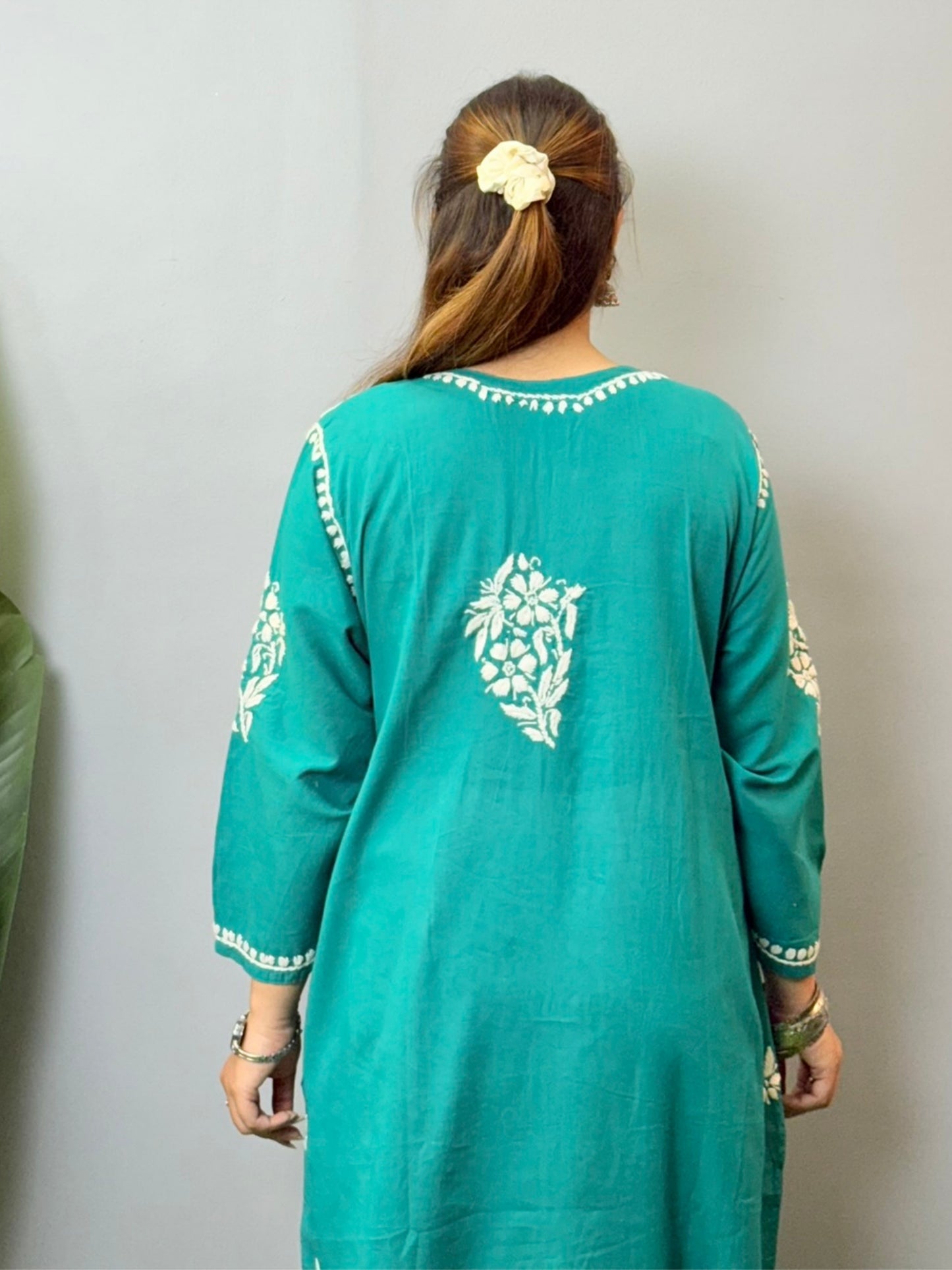 Teal green cotton Chikankari kurta with white hand embroidery – summer casual ethnic wear