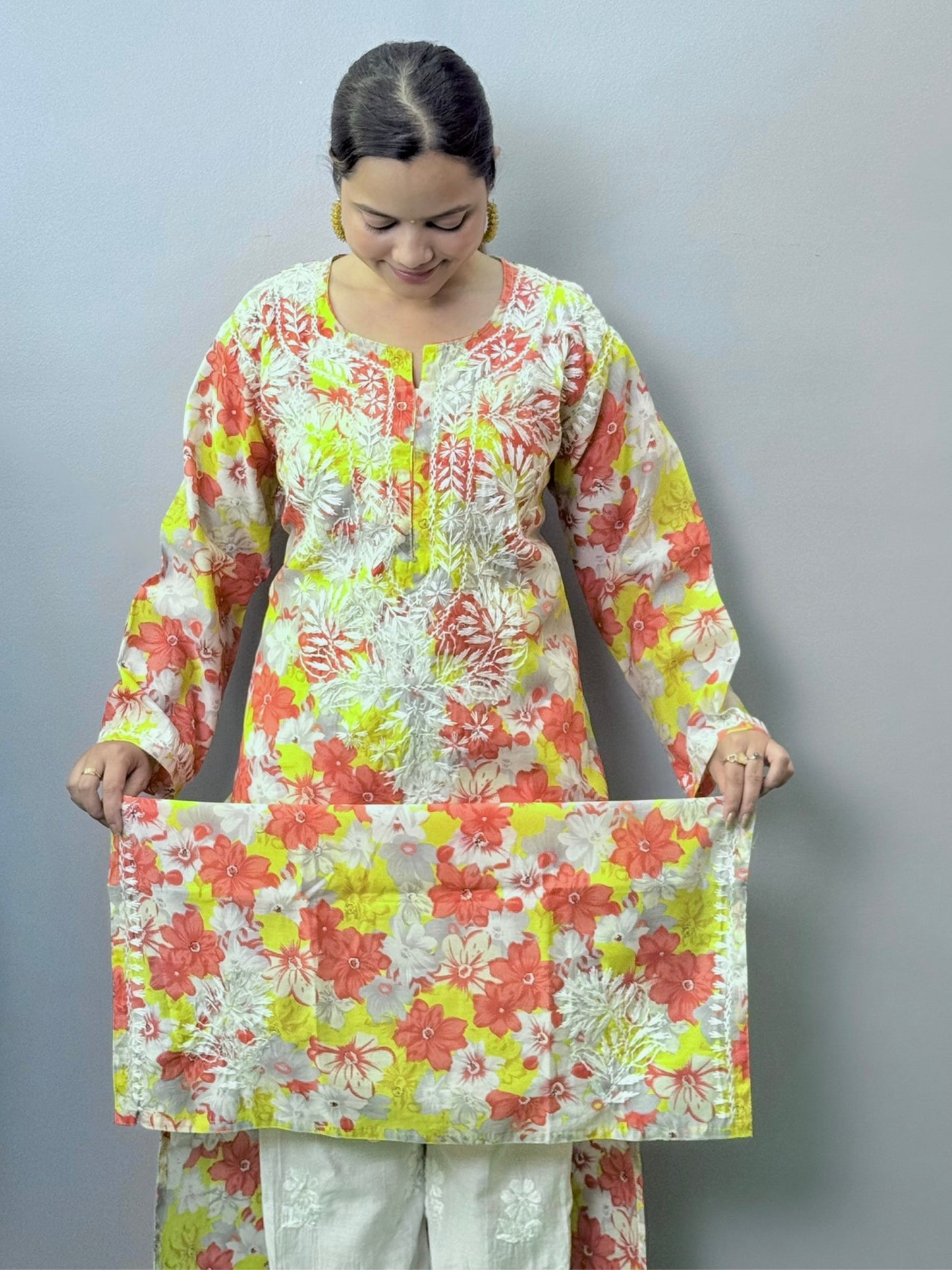 Floral multicolor printed crepe kurta with white hand chikankari embroidery