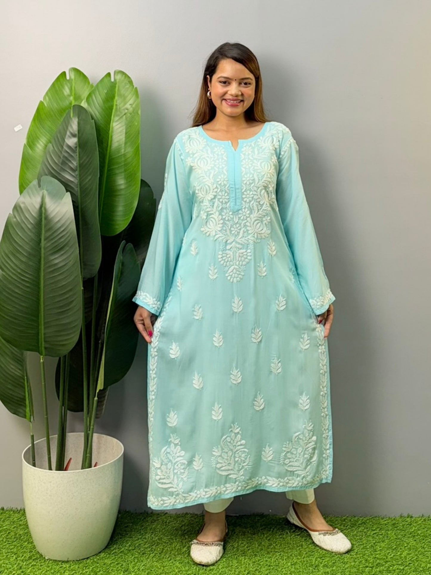 Powder blue modal Chikankari kurta with white hand embroidery – soft, elegant ethnic wear for women