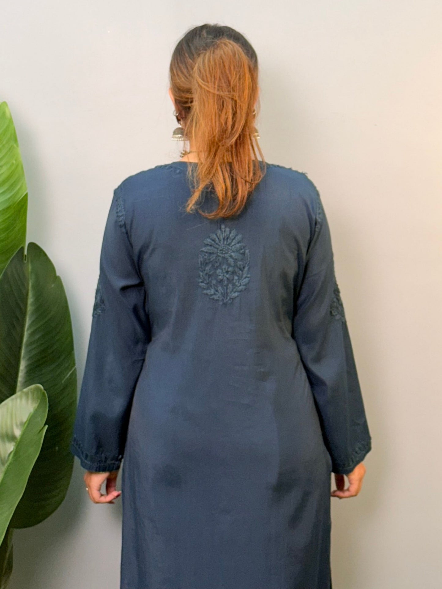 Navy blue Roman silk chikankari kurta and palazzo set with premium hand embroidery