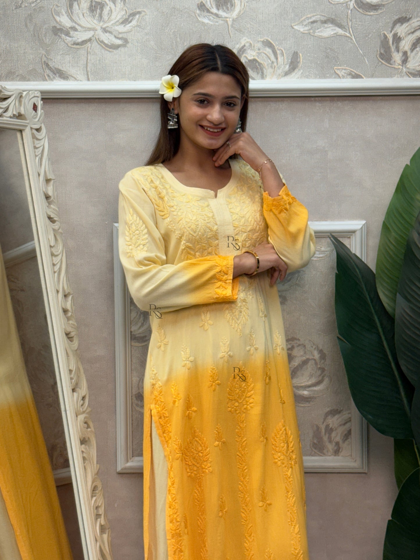 Yellow ombre Lucknow Chikankari kurta and palazzo set in rayon fabric with hand embroidery