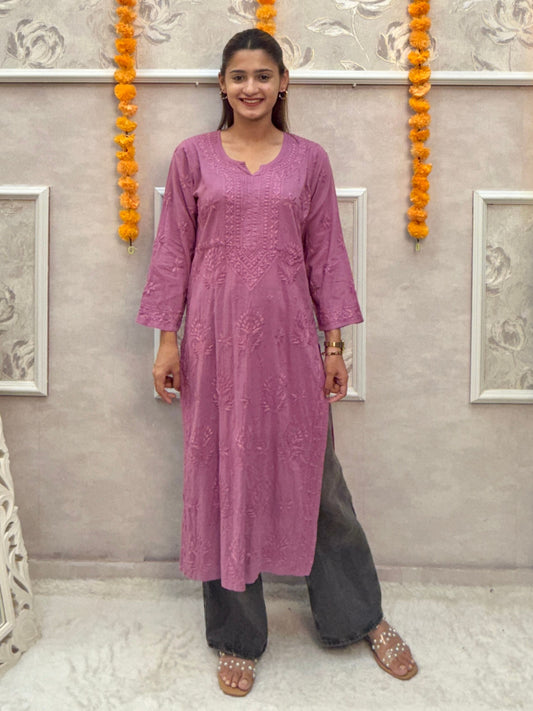 Lucknow Chikankari Mauve Dobby Cotton Kurta – Hand Embroidered