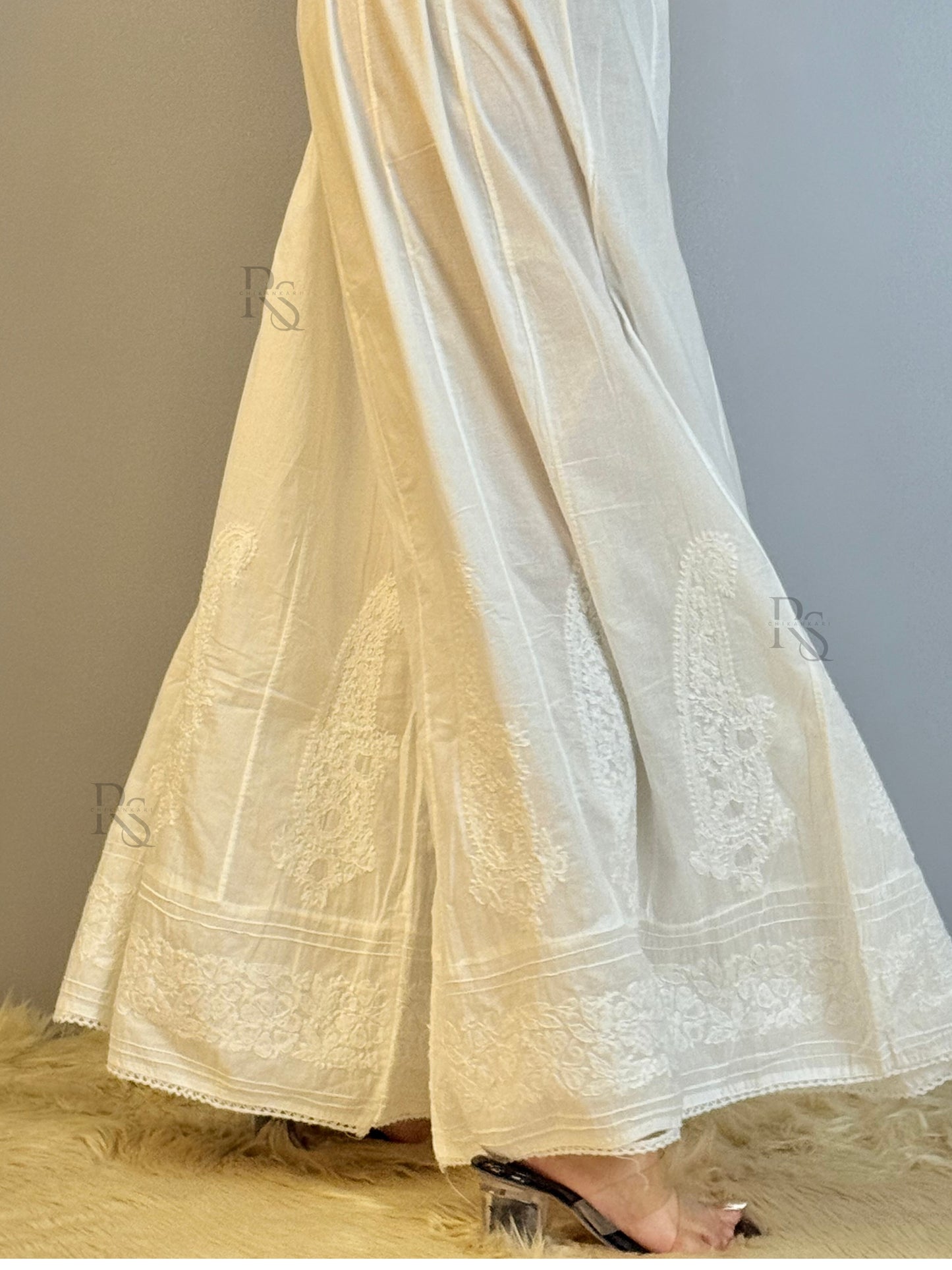 White cotton chikankari palazzo with hand embroidery – dyable bottom wear