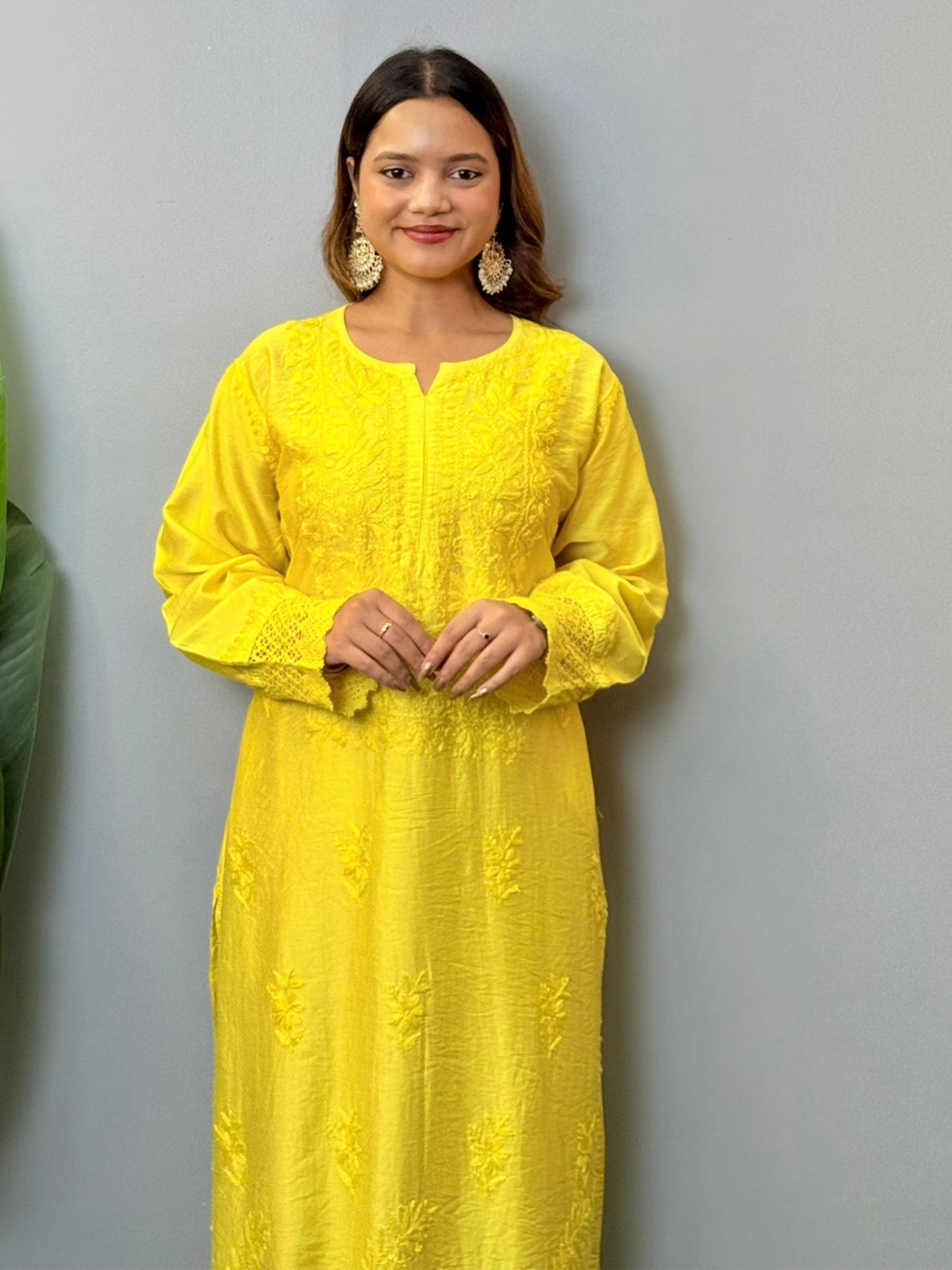 Sunshine yellow chanderi chikankari kurta with hand embroidery and lace detailing
