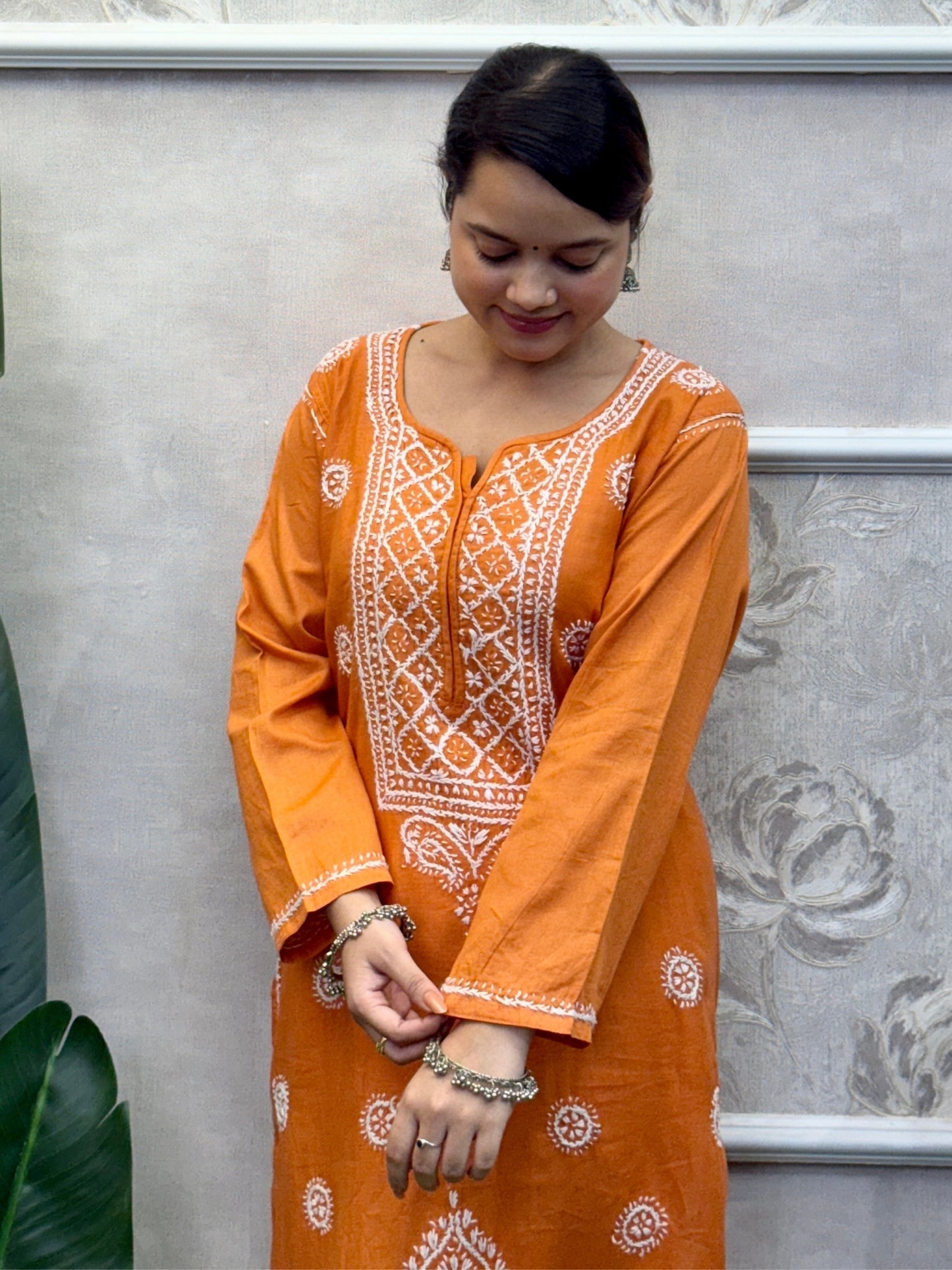 Rust Orange Cotton Lucknow Chikankari Kurta with white hand embroidery