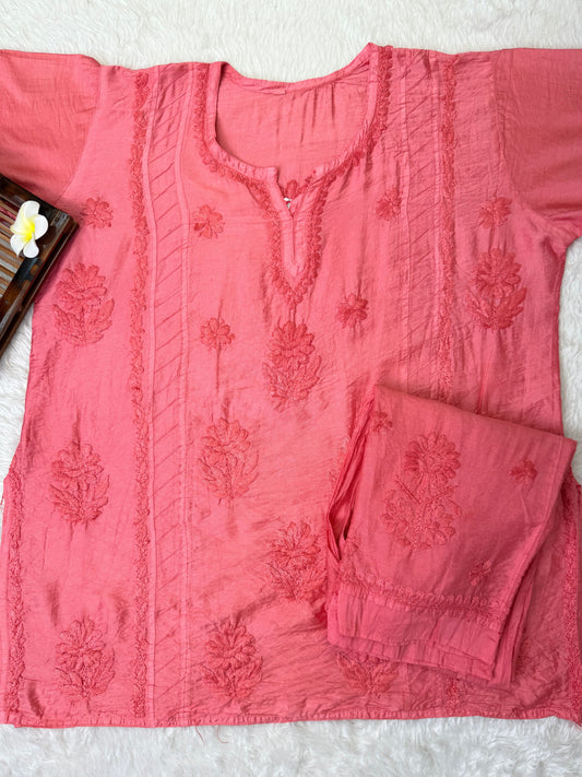 Coral pink chanderi chikankari short kurta and pant set with hand embroidery