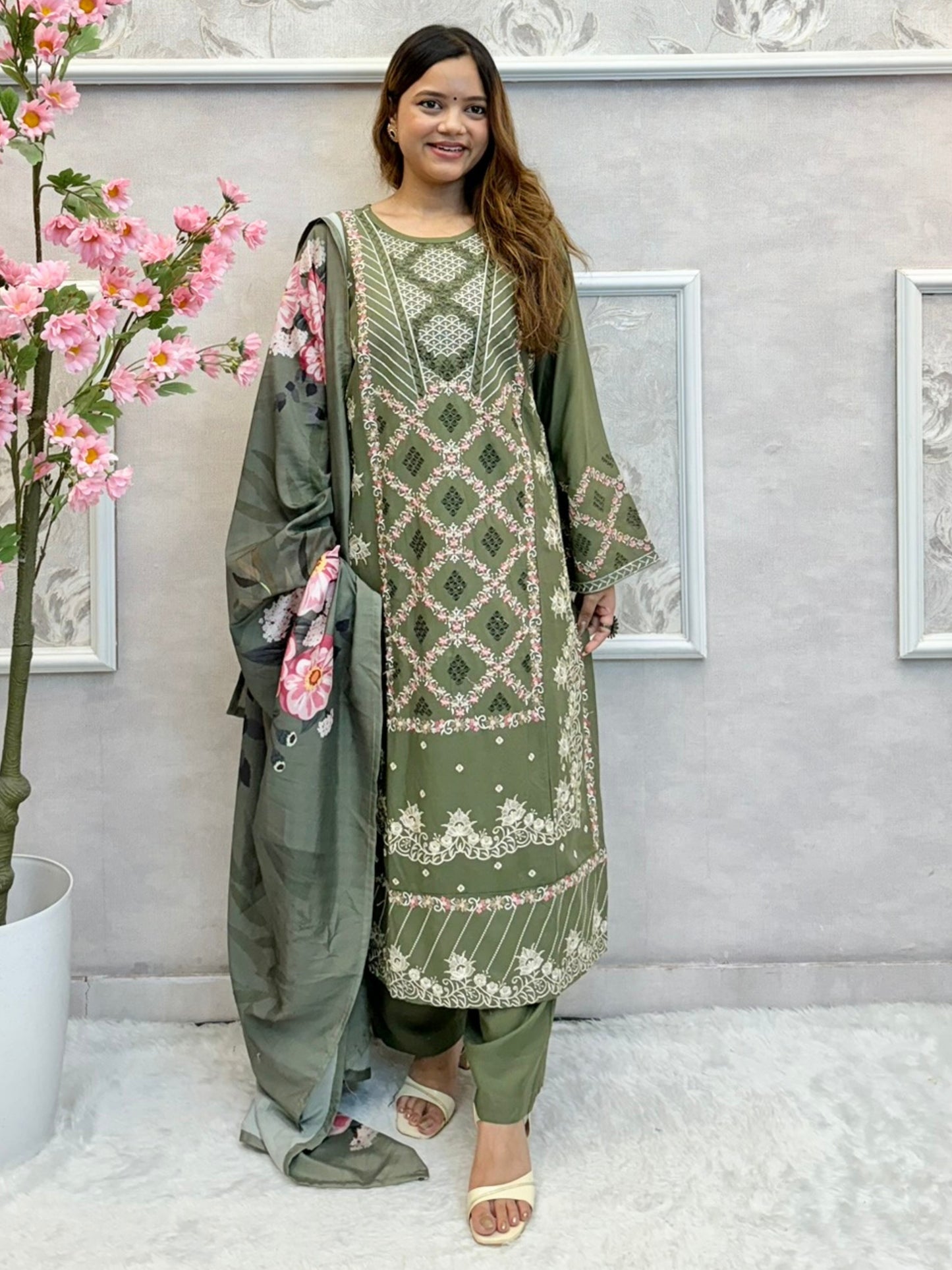 Olive green rayon kurta set with embroidery and floral printed dupatta