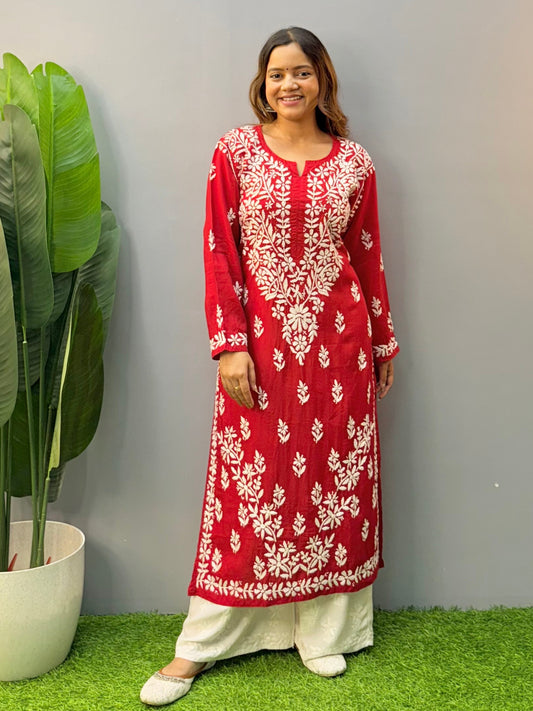 Red modal Lucknow chikankari kurta with hand embroidery, soft and comfortable ethnic wear.