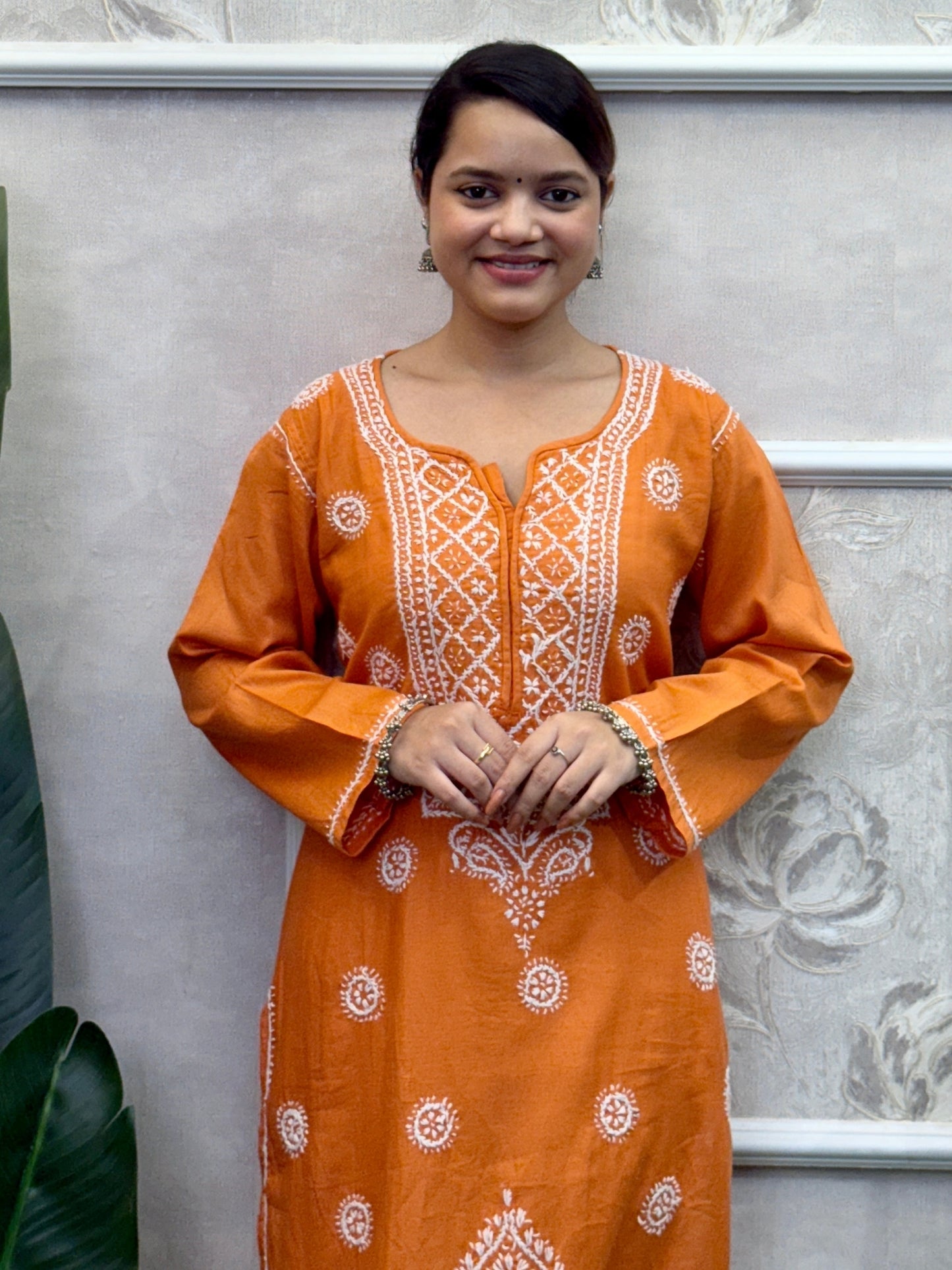 Rust Orange Cotton Lucknow Chikankari Kurta with white hand embroidery