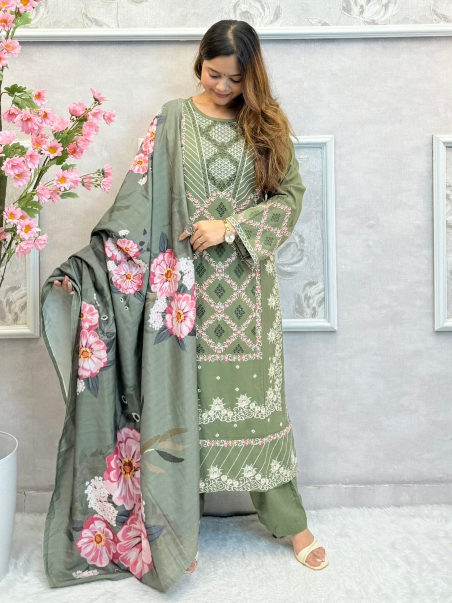 Olive green rayon kurta set with embroidery and floral printed dupatta