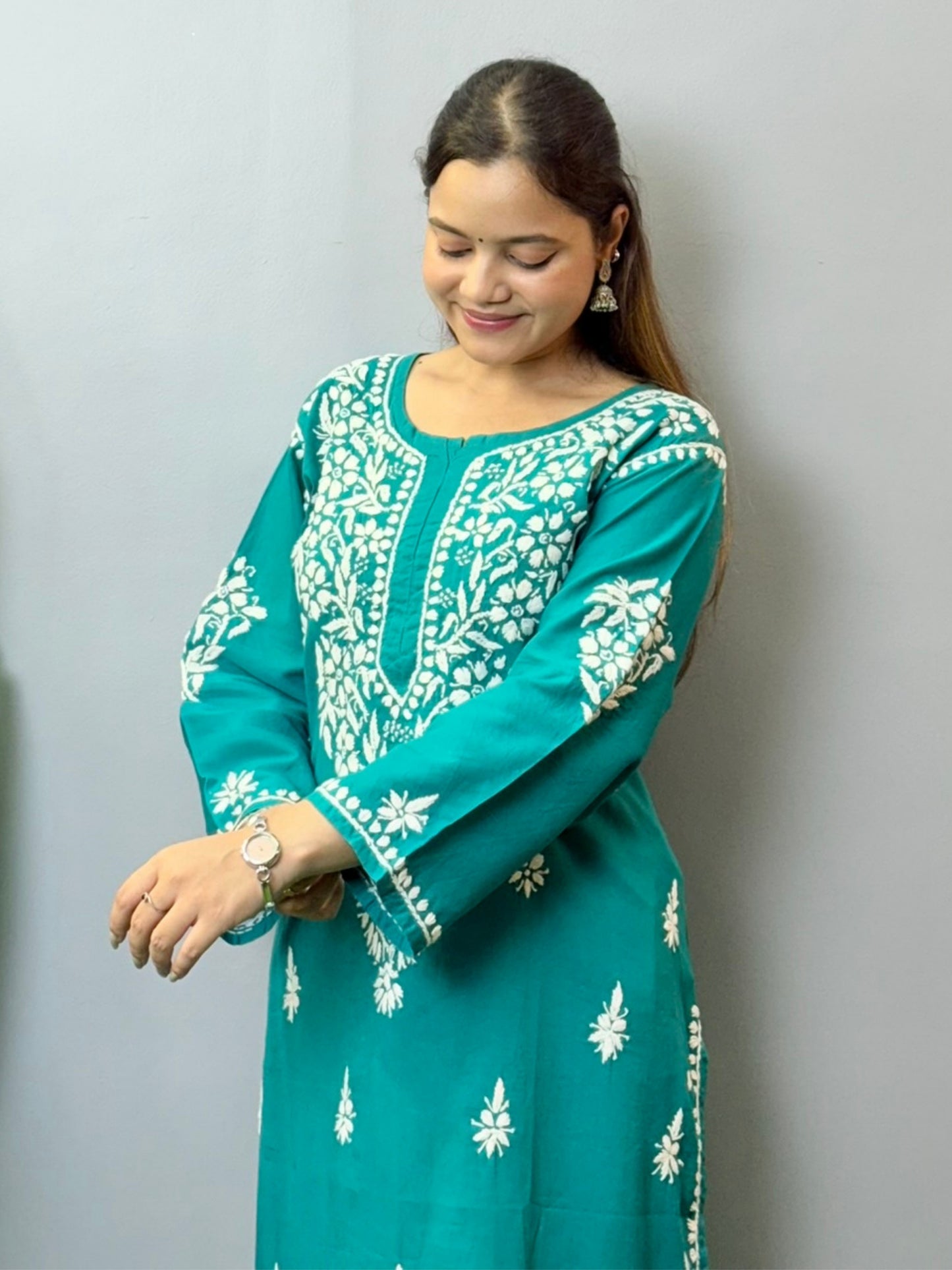 Teal green cotton Chikankari kurta with white hand embroidery – summer casual ethnic wear