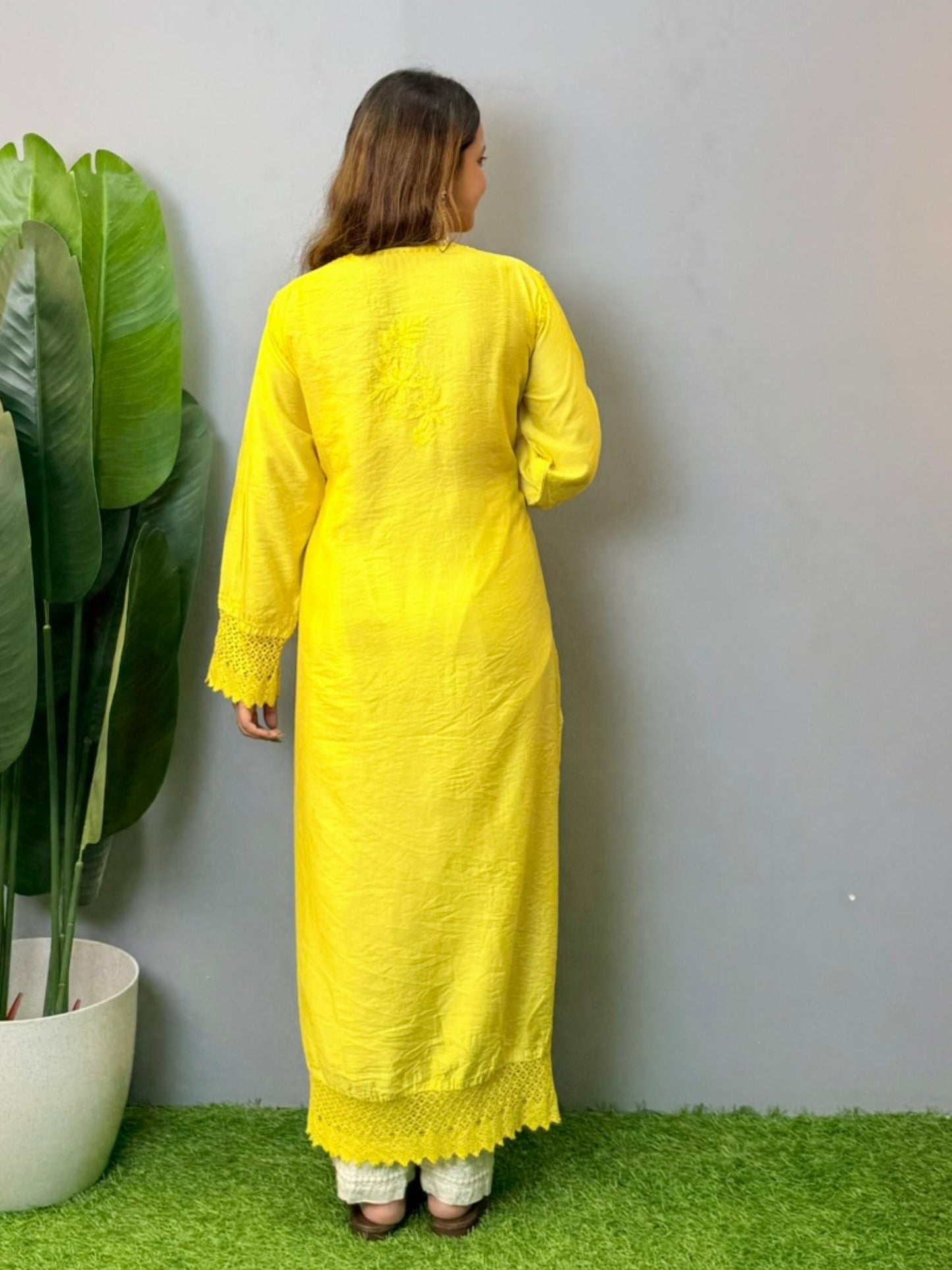 Sunshine yellow chanderi chikankari kurta with hand embroidery and lace detailing