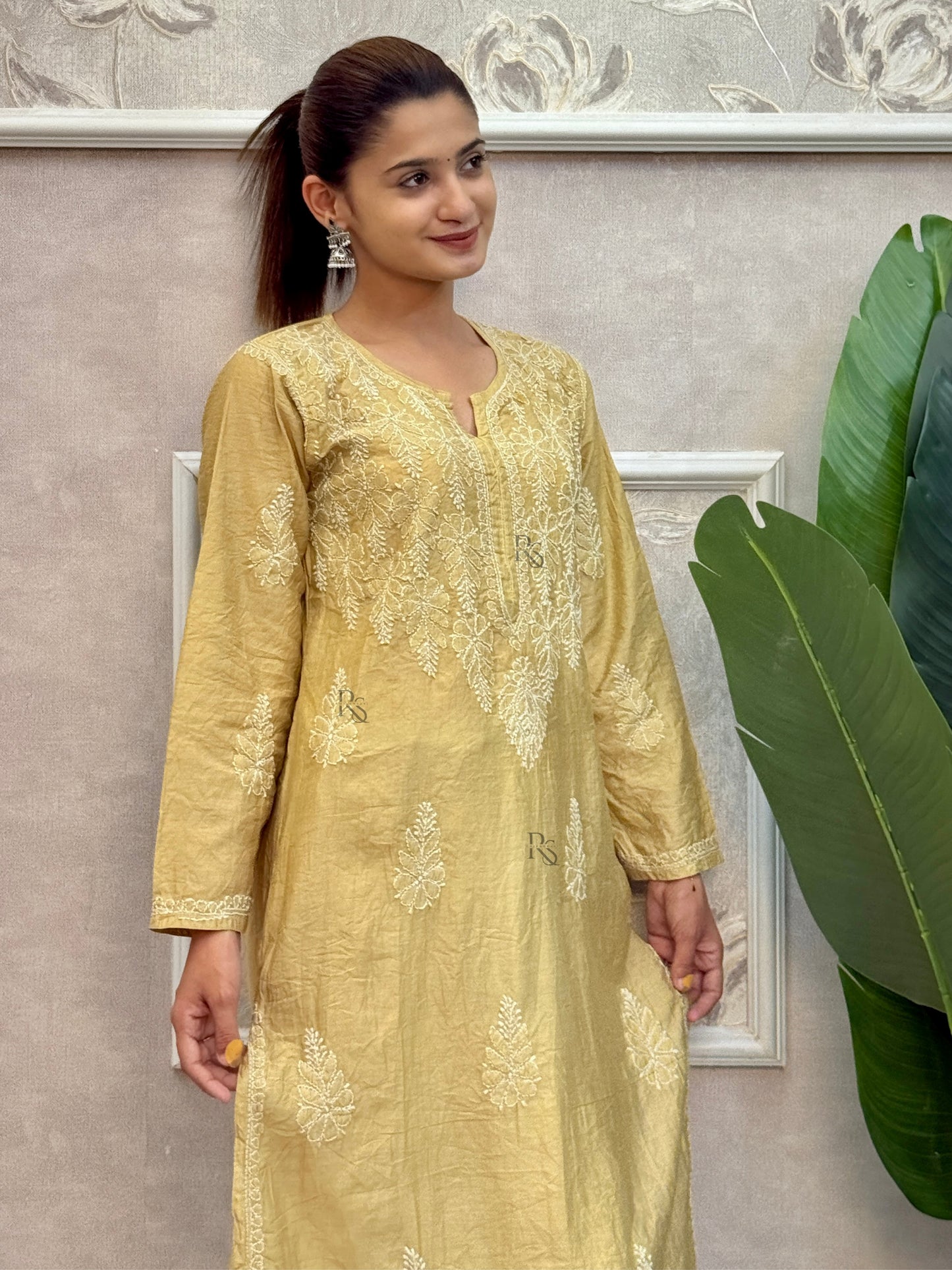 Golden Lucknow Chikankari chanderi kurta and pant set with bakhiya hand embroidery