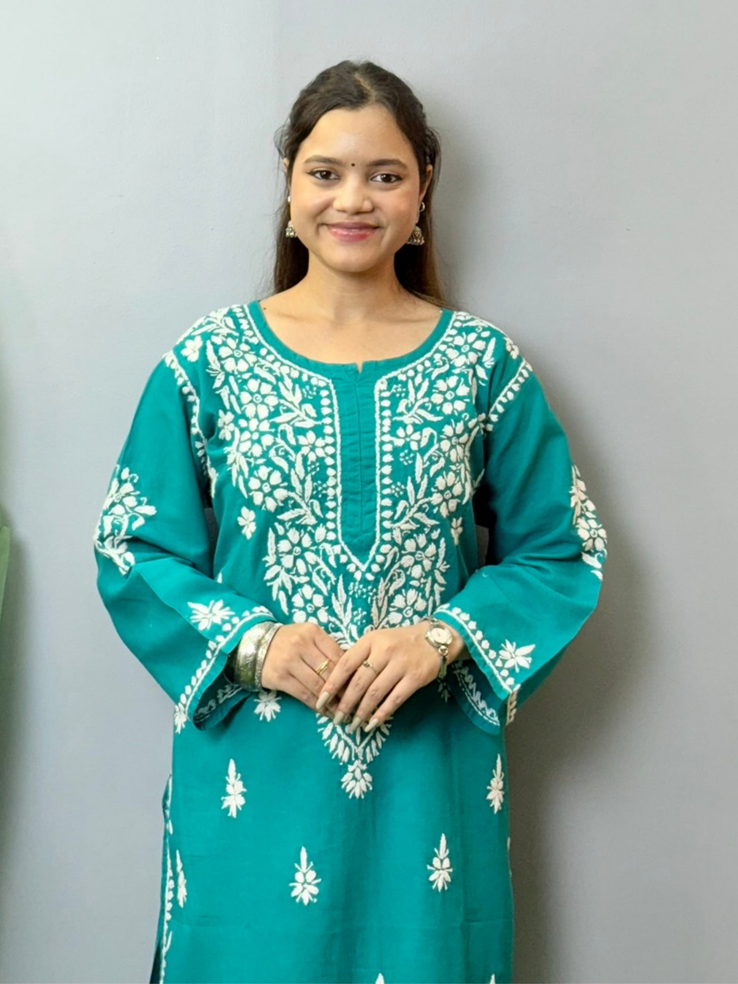 Teal green cotton Chikankari kurta with white hand embroidery – summer casual ethnic wear
