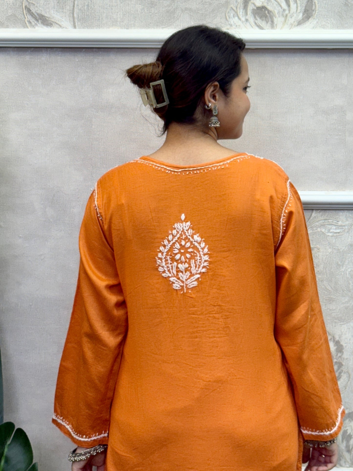 Rust Orange Cotton Lucknow Chikankari Kurta with white hand embroidery
