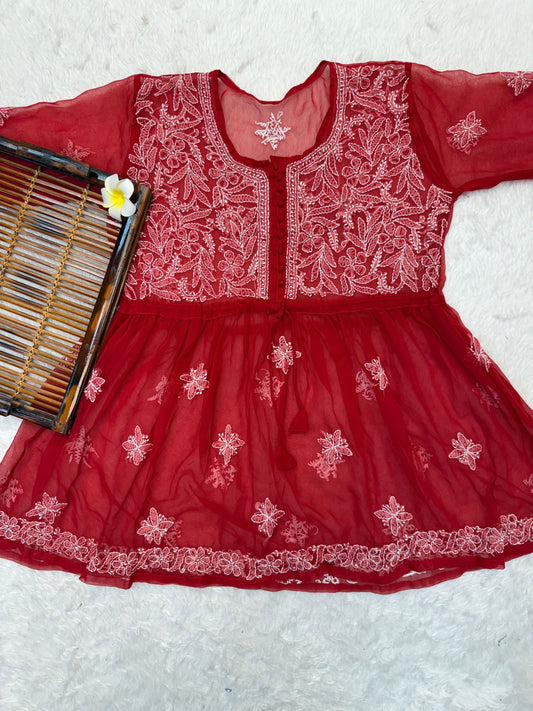 Transparent red georgette chikankari short kurta with hand embroidery