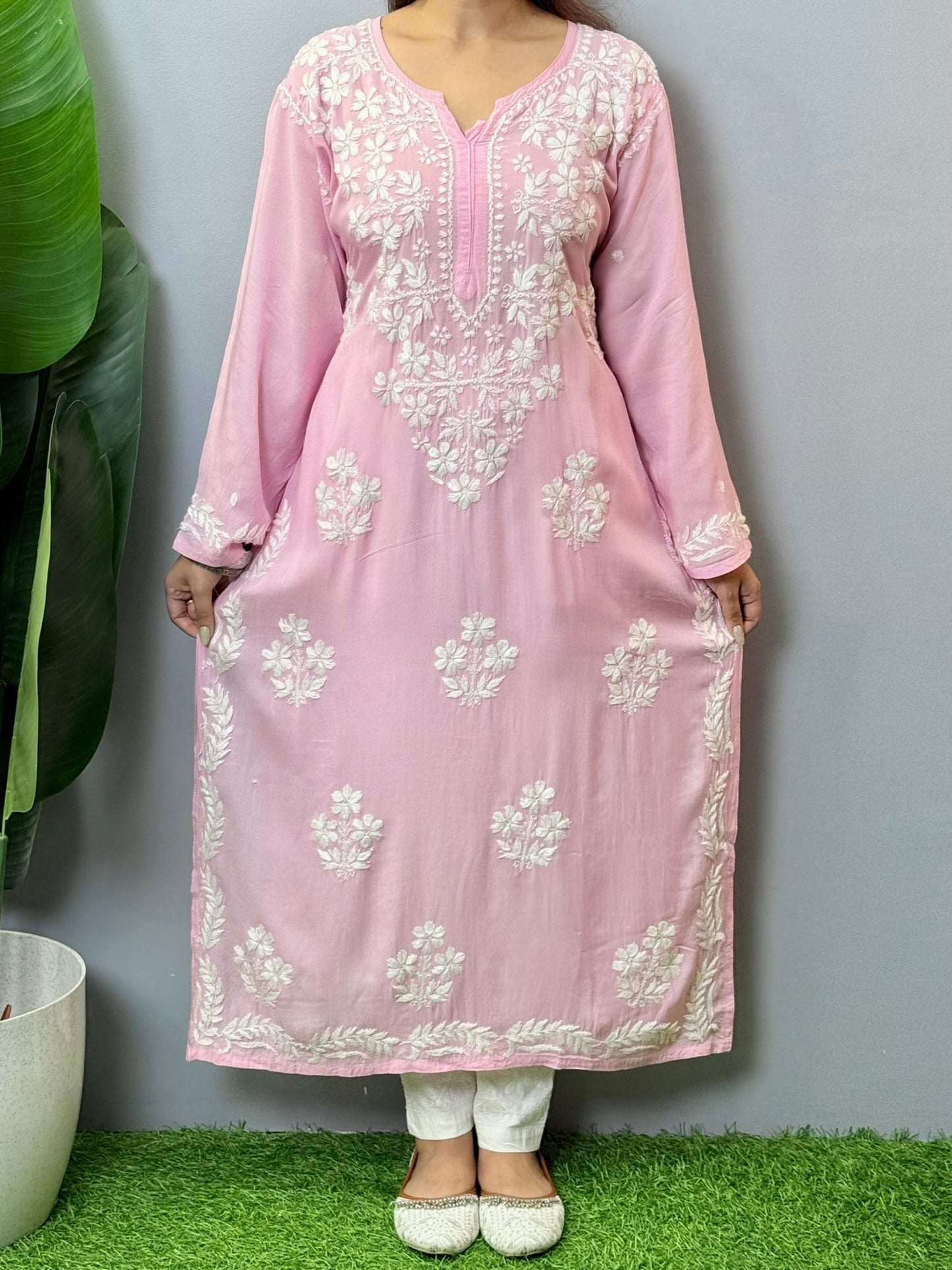Blush pink modal Chikankari kurta with white floral hand embroidery – summer ethnic wear
