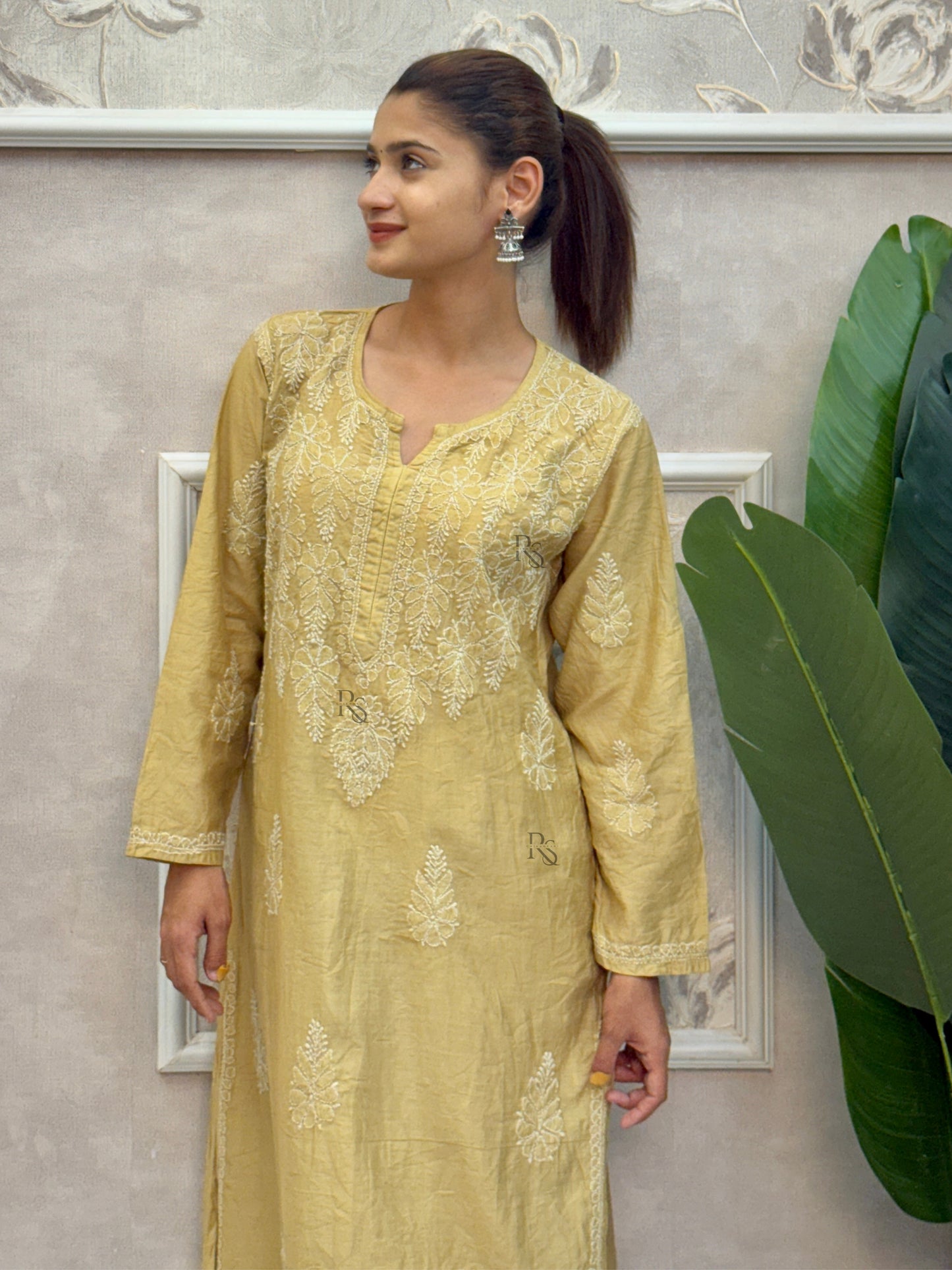 Golden Lucknow Chikankari chanderi kurta and pant set with bakhiya hand embroidery