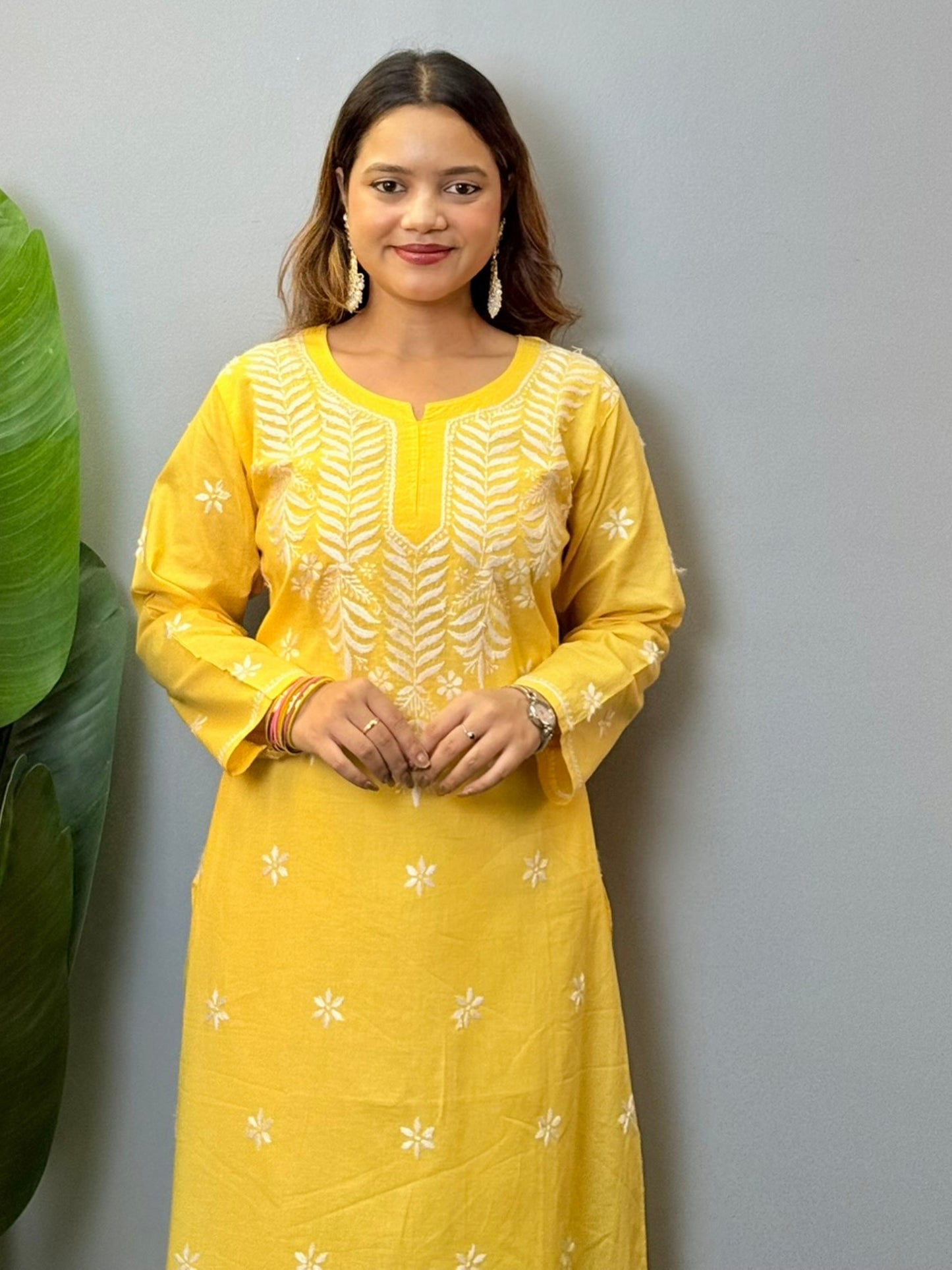 Lemon yellow cotton chikankari kurta with white hand embroidery, casual wear