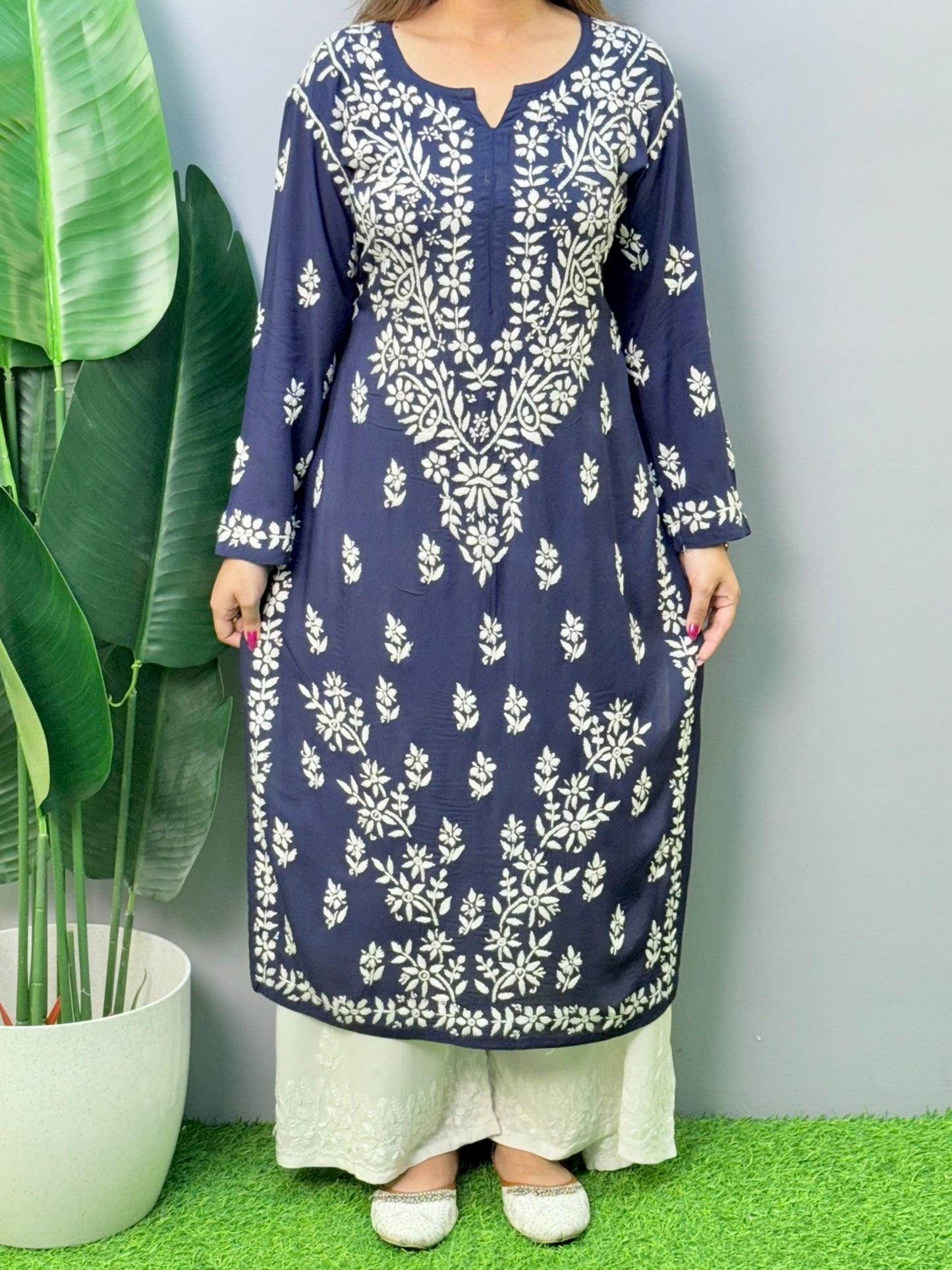 Navy blue modal chikankari kurta with white hand embroidery – soft and comfortable