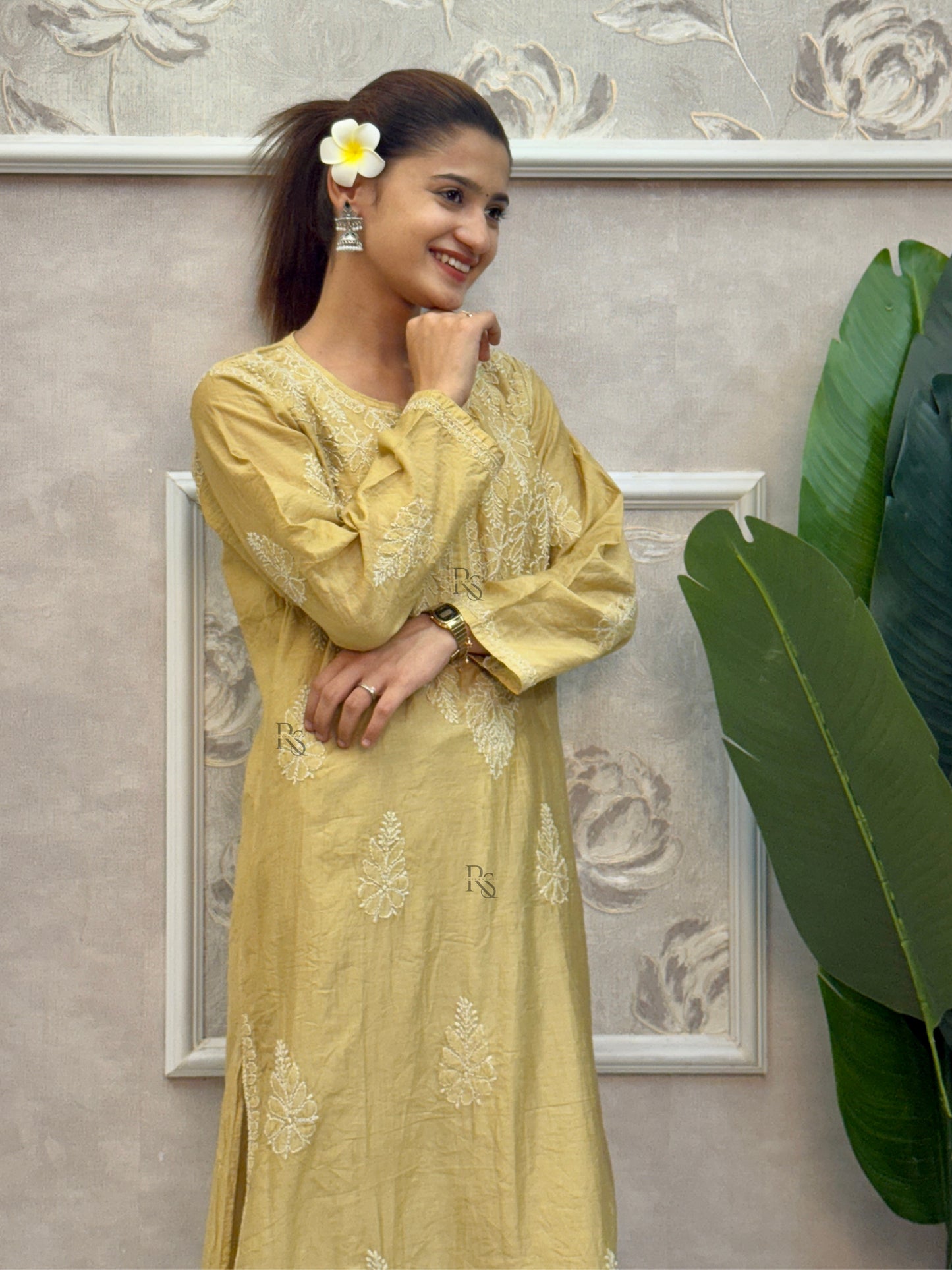 Golden Lucknow Chikankari chanderi kurta and pant set with bakhiya hand embroidery