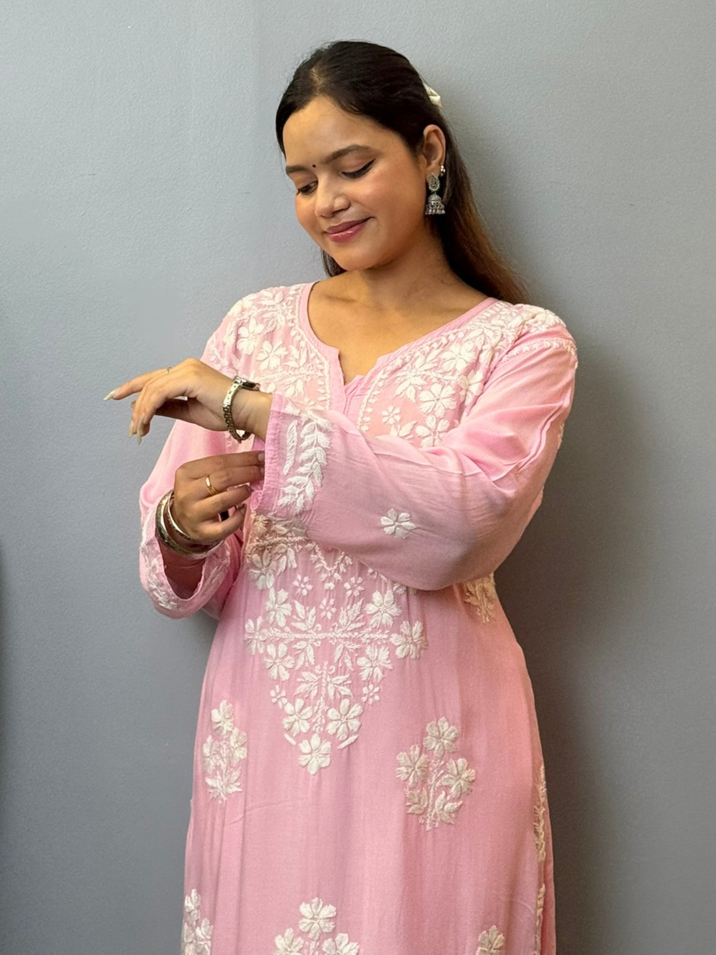 Blush pink modal Chikankari kurta with white floral hand embroidery – summer ethnic wear