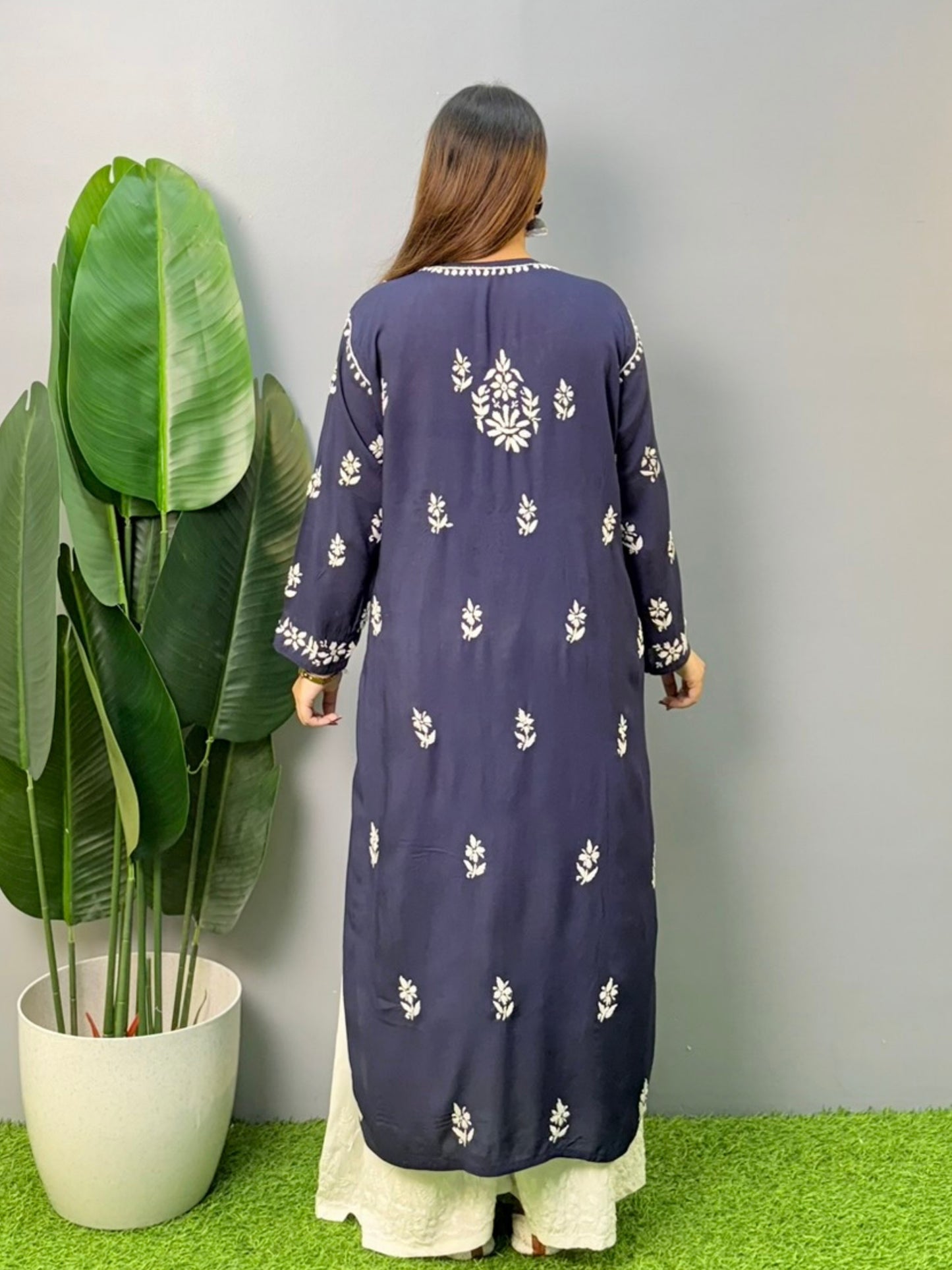 Navy blue modal chikankari kurta with white hand embroidery – soft and comfortable