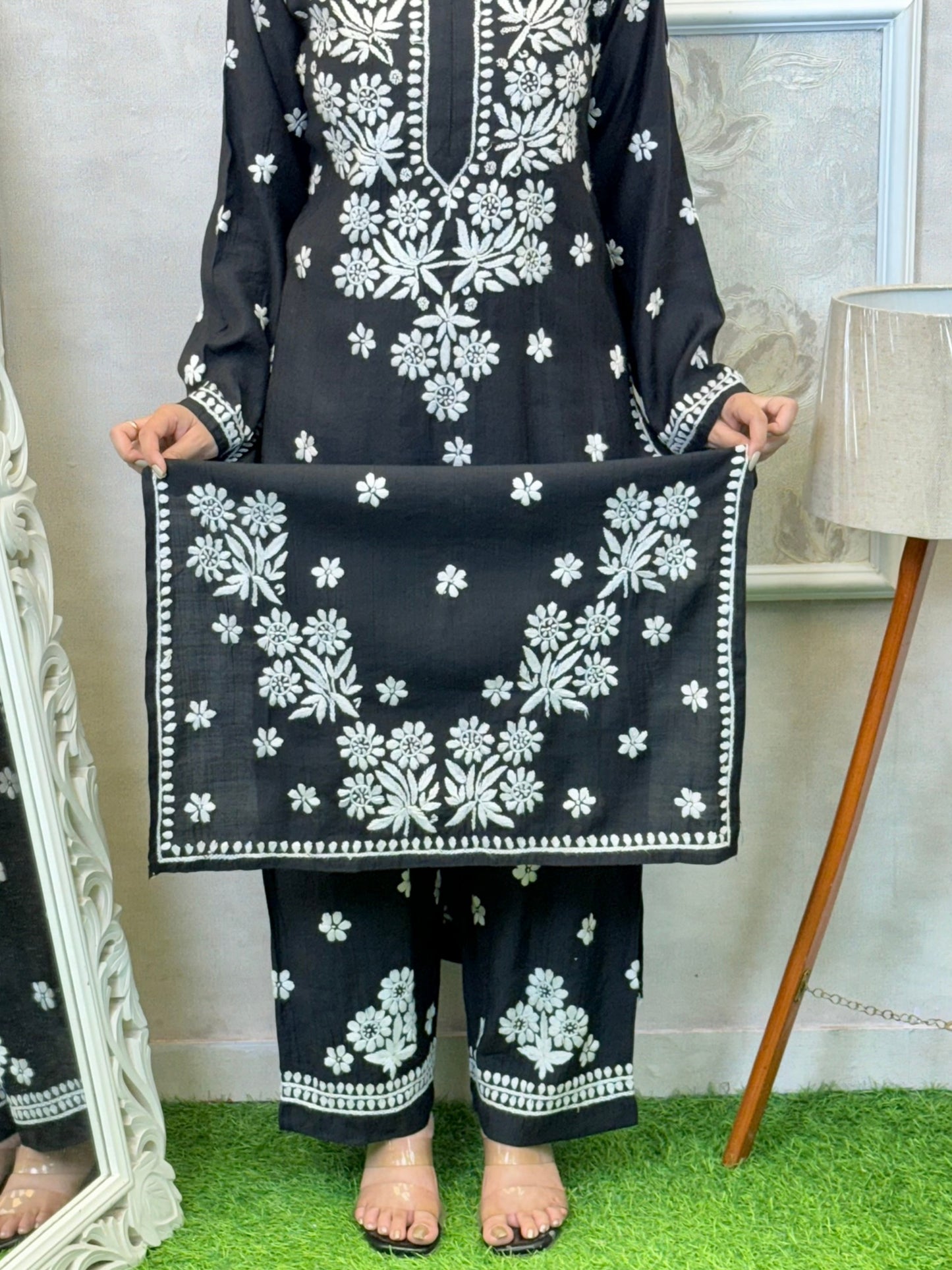 Black Norway silk Lucknowi Chikankari kurta and pant set with white hand embroidery