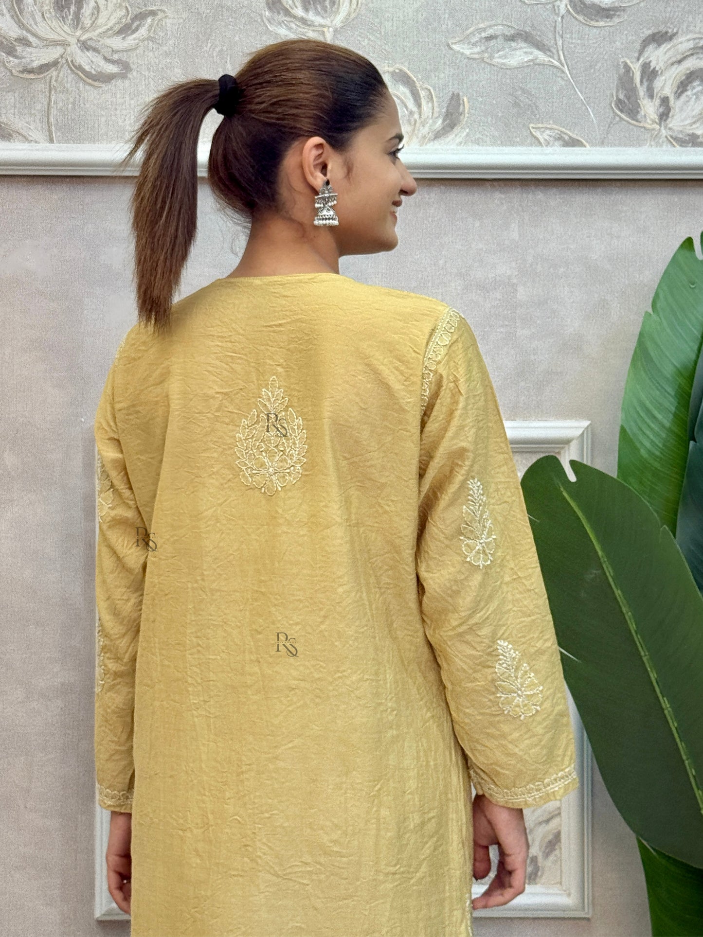 Golden Lucknow Chikankari chanderi kurta and pant set with bakhiya hand embroidery