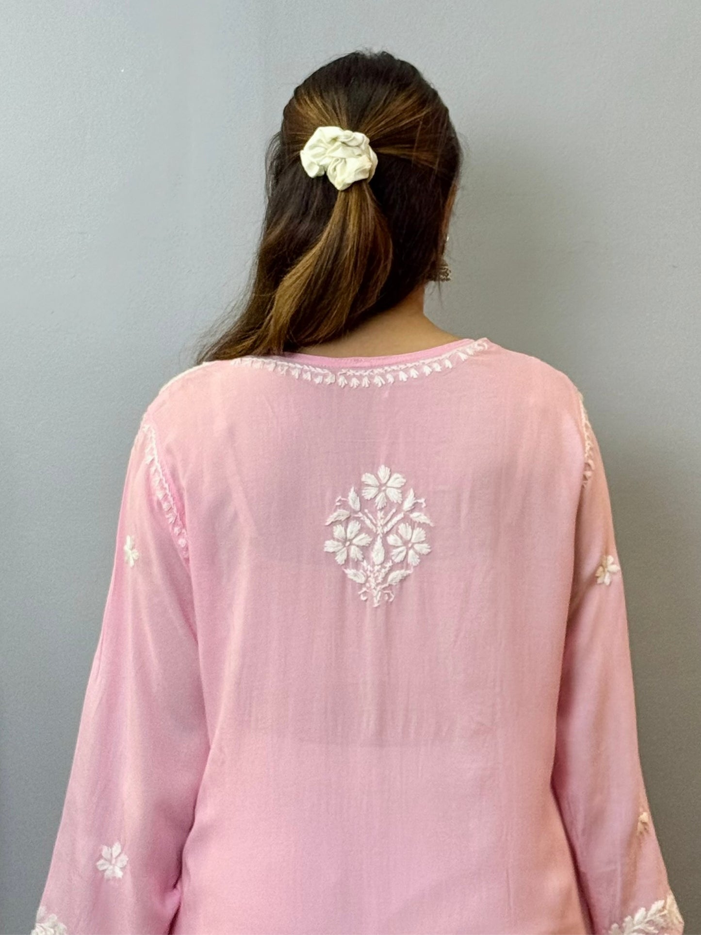 Blush pink modal Chikankari kurta with white floral hand embroidery – summer ethnic wear