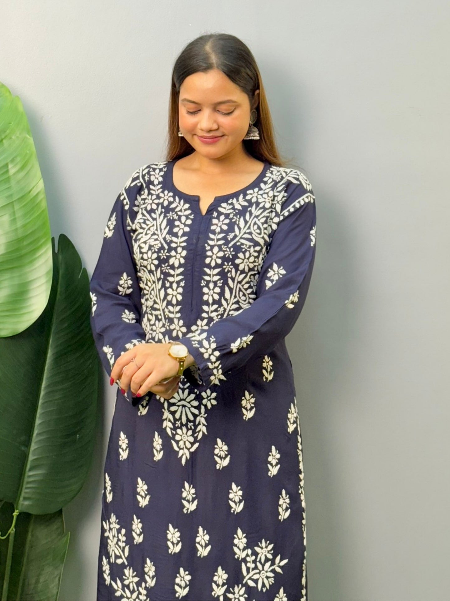 Navy blue modal chikankari kurta with white hand embroidery – soft and comfortable