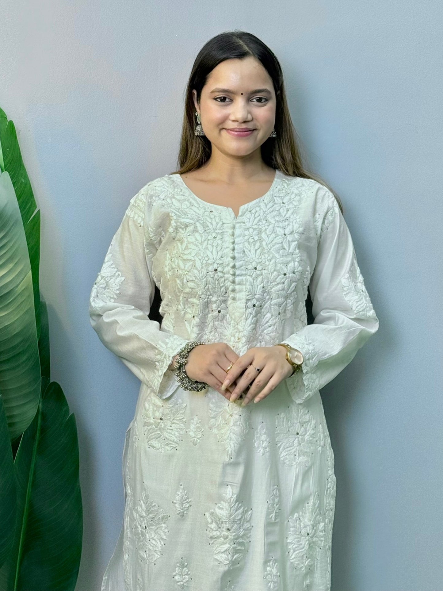 White Chanderi kurta with Lucknowi Chikankari hand embroidery and Mukaish work – soft, dyable ethnic wear