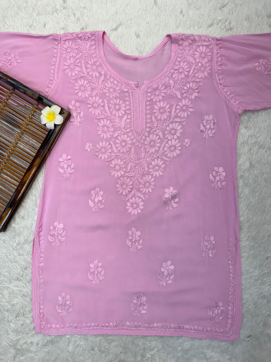 Baby pink modal chikankari short kurta with hand embroidery