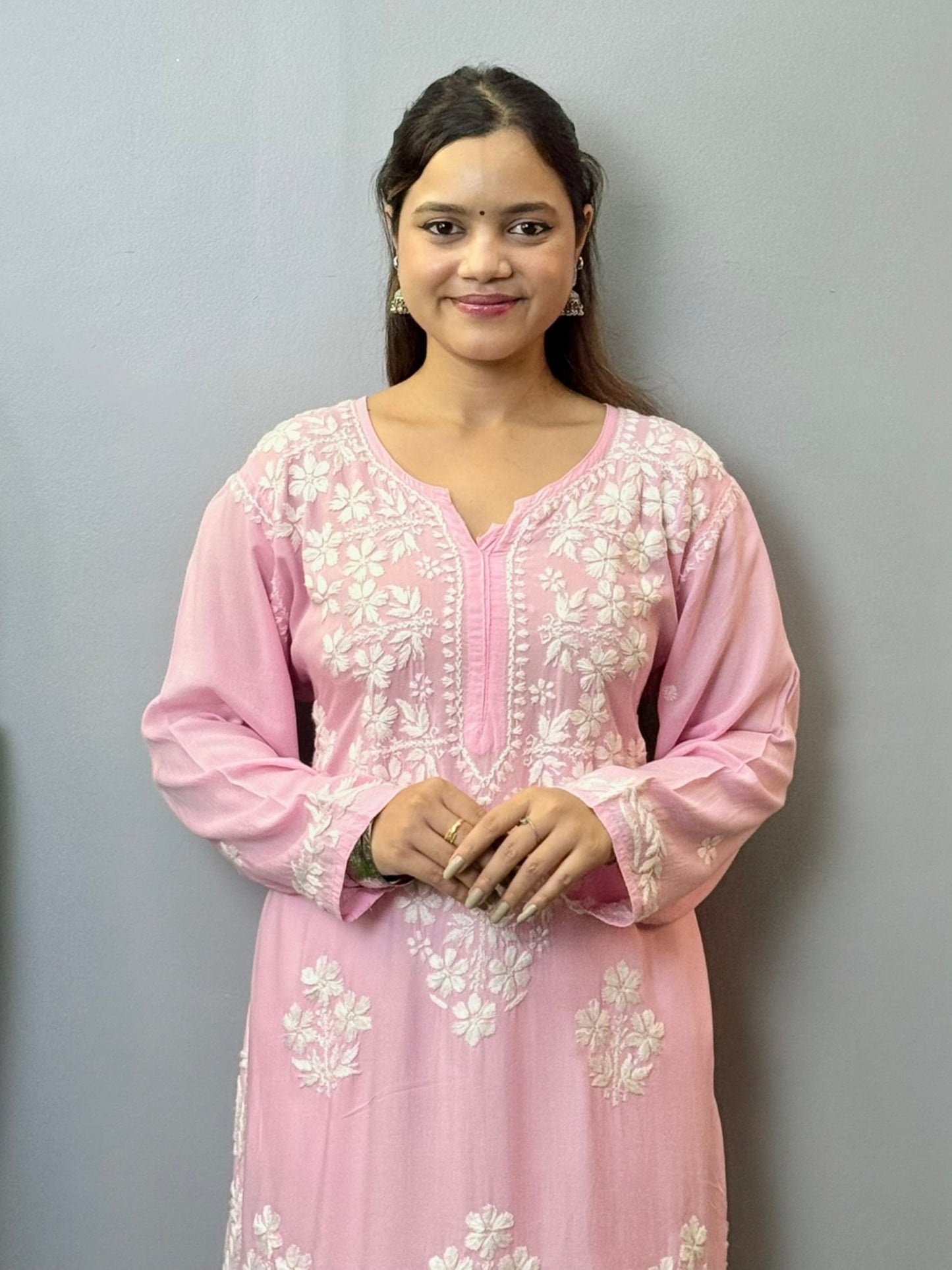 Blush pink modal Chikankari kurta with white floral hand embroidery – summer ethnic wear