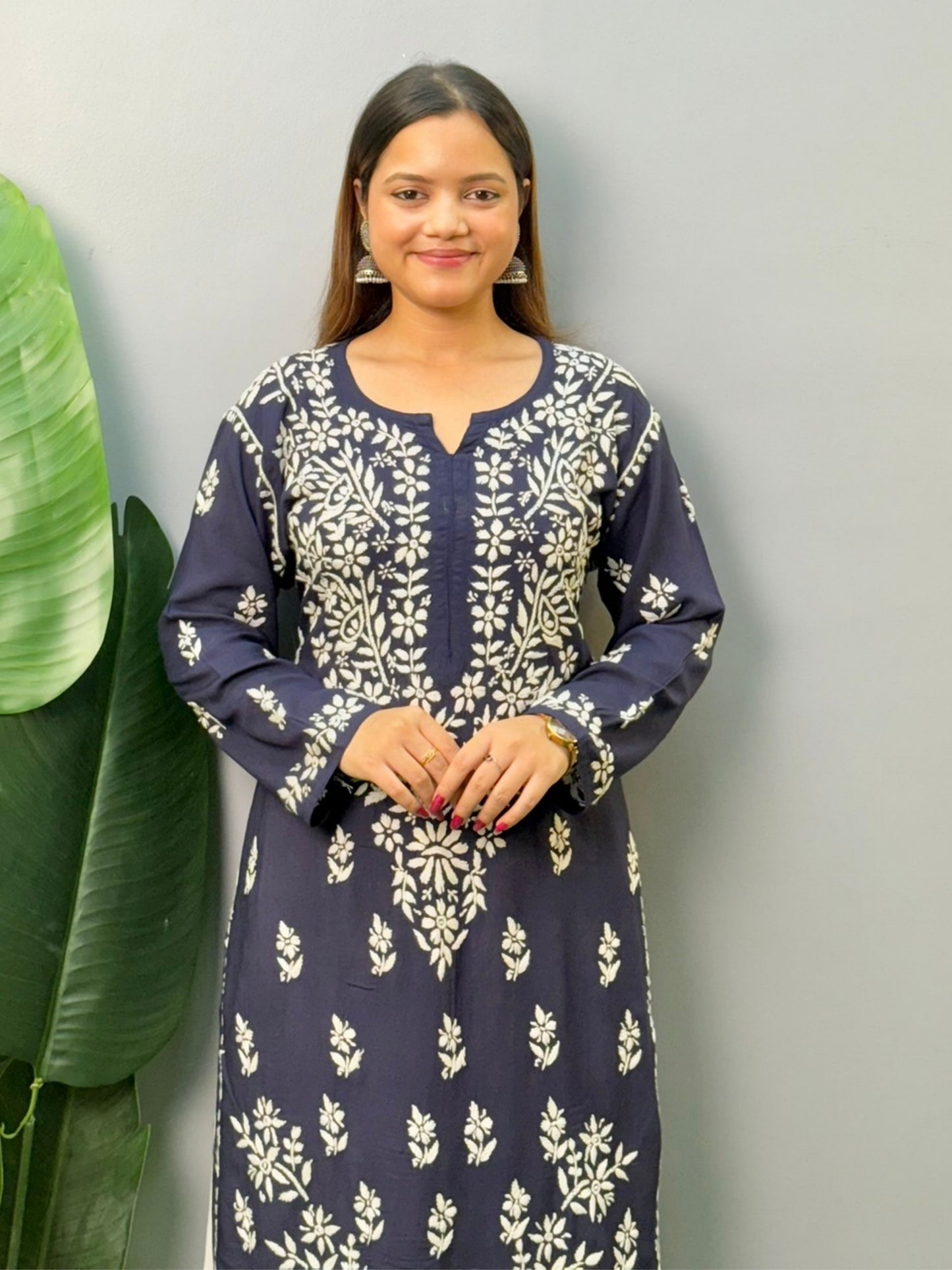 Navy blue modal chikankari kurta with white hand embroidery – soft and comfortable