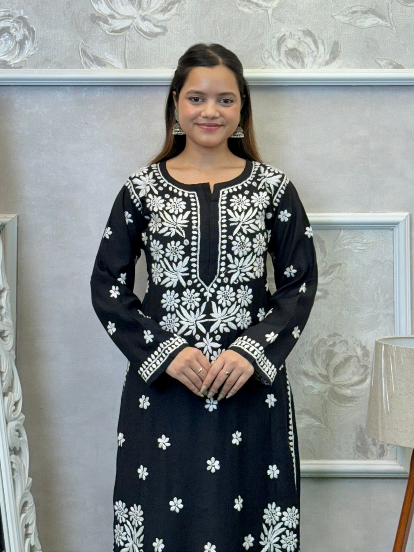 Black Norway silk Lucknowi Chikankari kurta and pant set with white hand embroidery