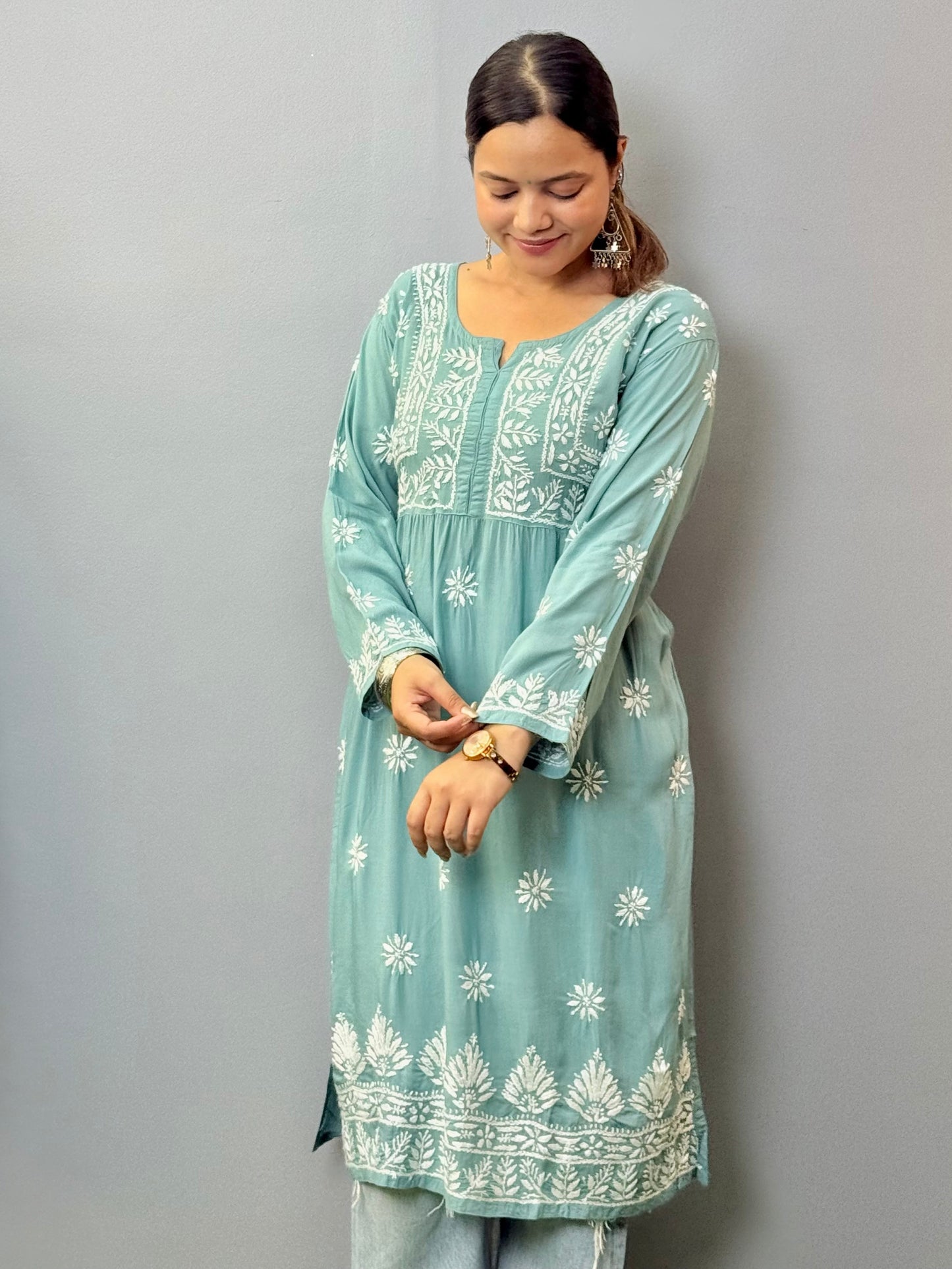 Lucknow Chikankari Teal Blue Modal Kurta with Side Pockets – Hand Embroidery