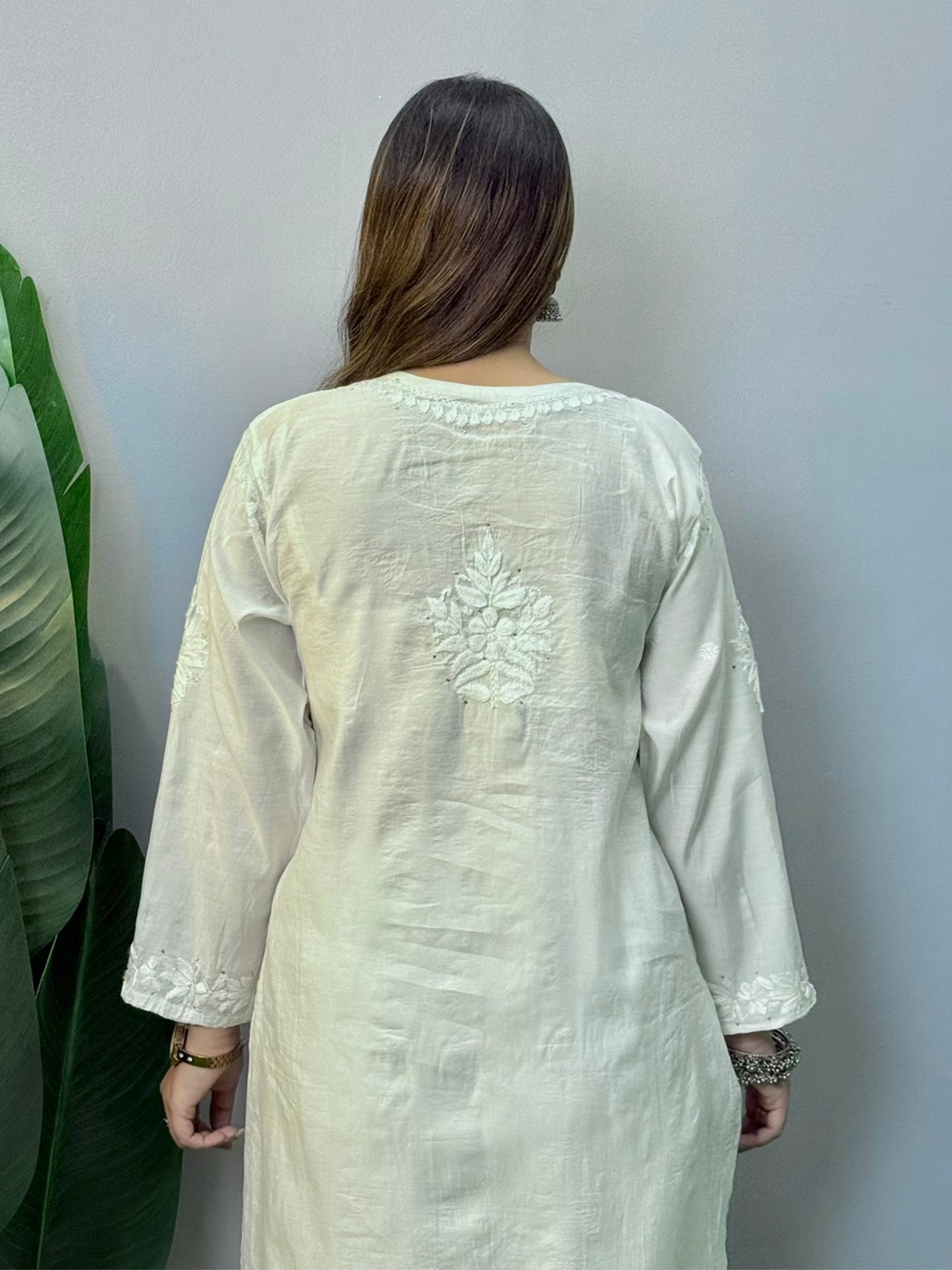 White Chanderi kurta with Lucknowi Chikankari hand embroidery and Mukaish work – soft, dyable ethnic wear