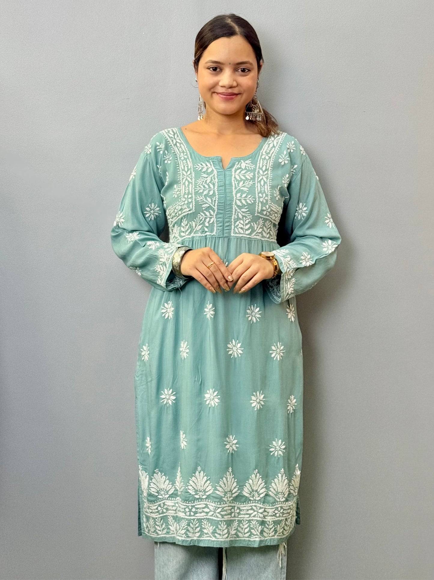 Lucknow Chikankari Teal Blue Modal Kurta with Side Pockets – Hand Embroidery