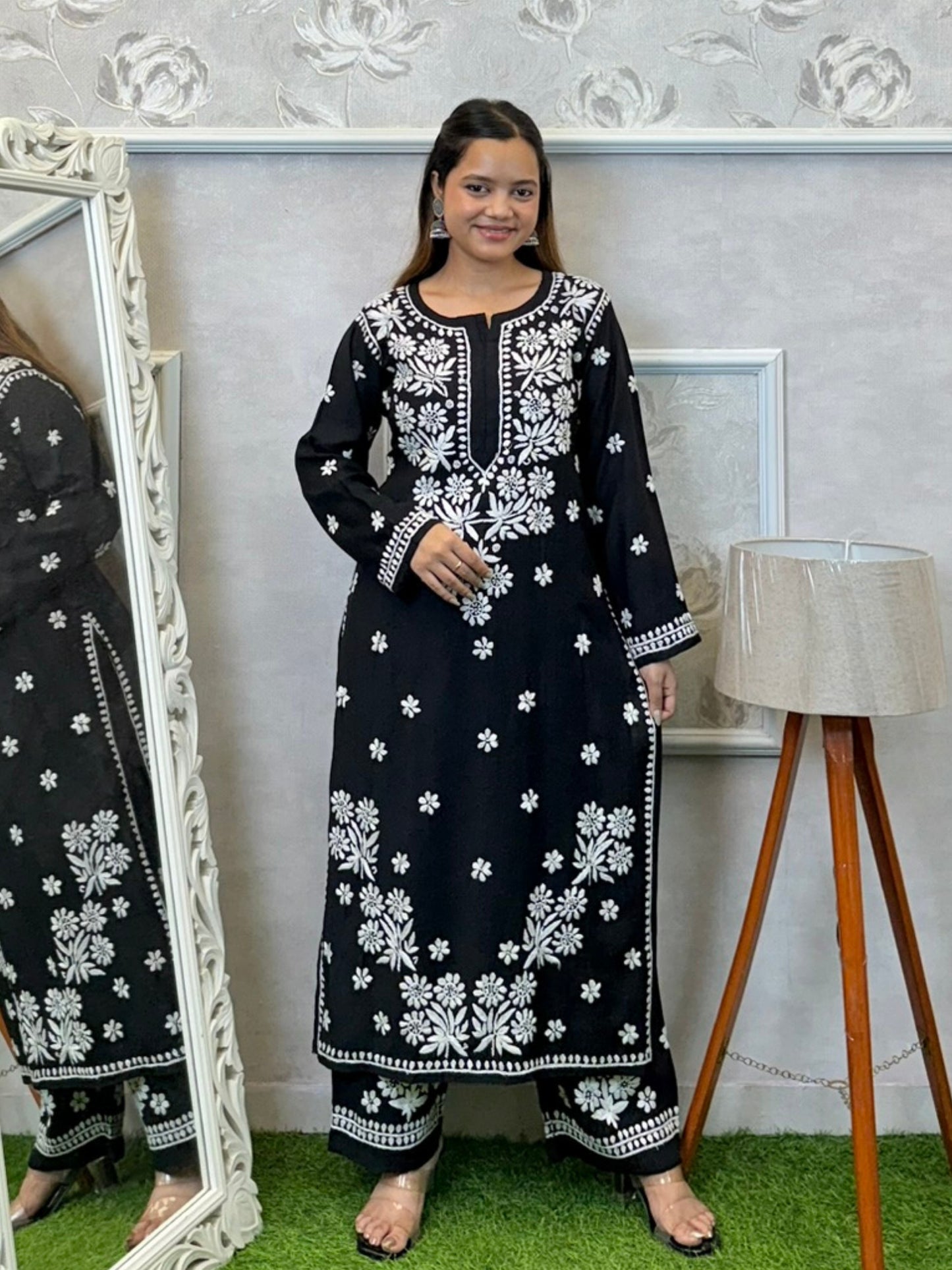 Black Norway silk Lucknowi Chikankari kurta and pant set with white hand embroidery