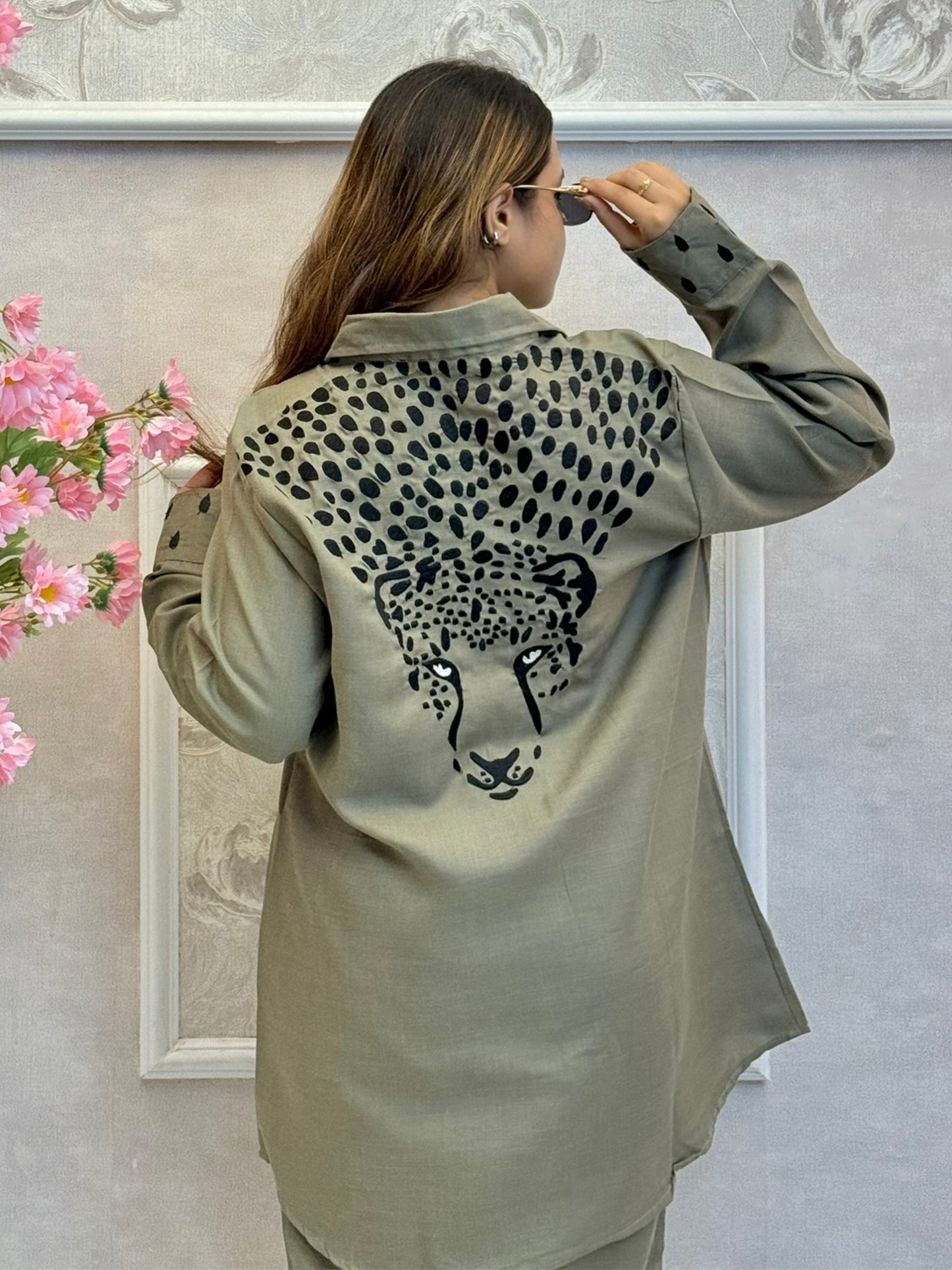 Olive green designer co-ord set with front buttons and panther back print in handwork