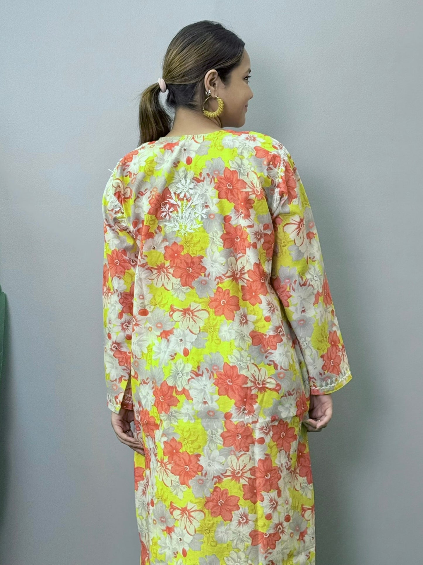 Floral multicolor printed crepe kurta with white hand chikankari embroidery