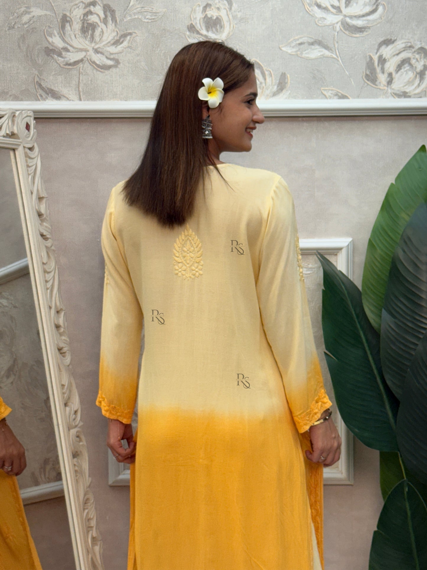 Yellow ombre Lucknow Chikankari kurta and palazzo set in rayon fabric with hand embroidery
